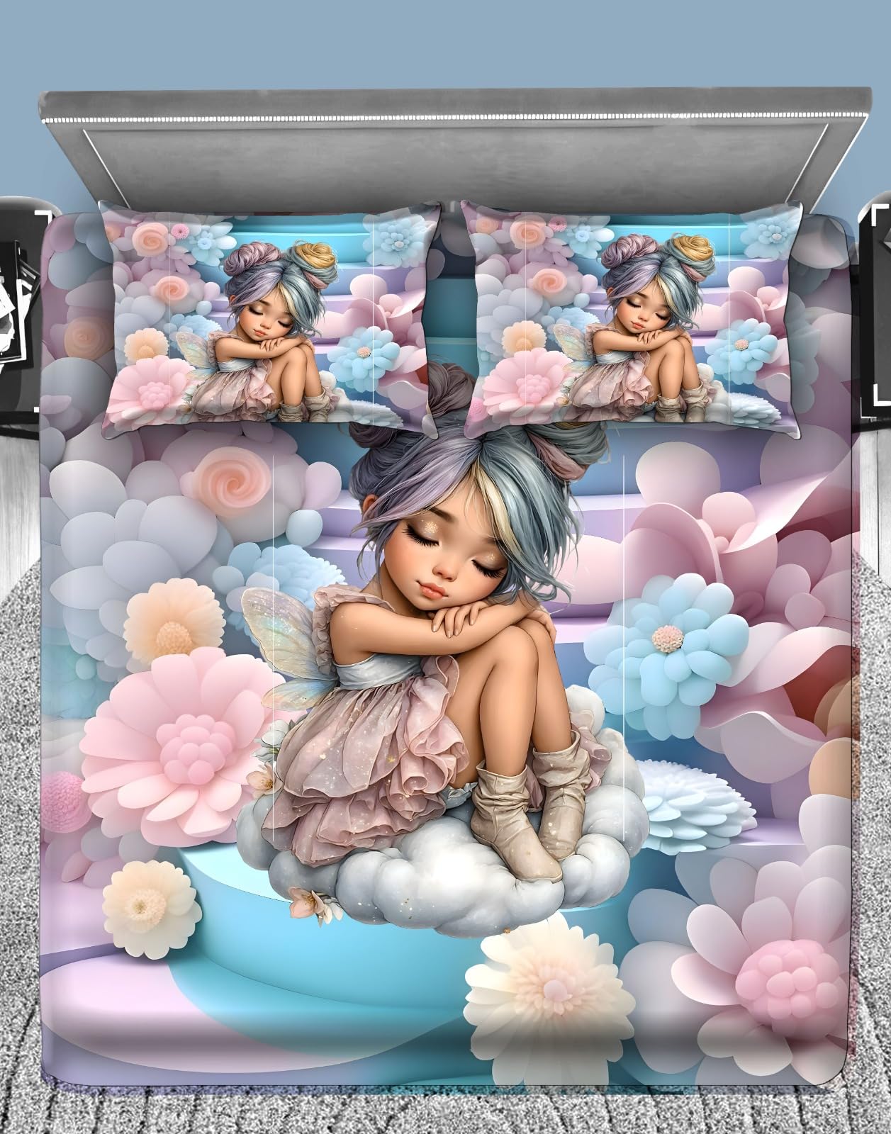 7D Printed Clouds Kids Double Bedsheet with 2 Pillow Covers | Soft Microfiber | Fade Resistant | Skin Friendly | Breathable | Premium Bedding Set (90 x 100 Inches)-image-5