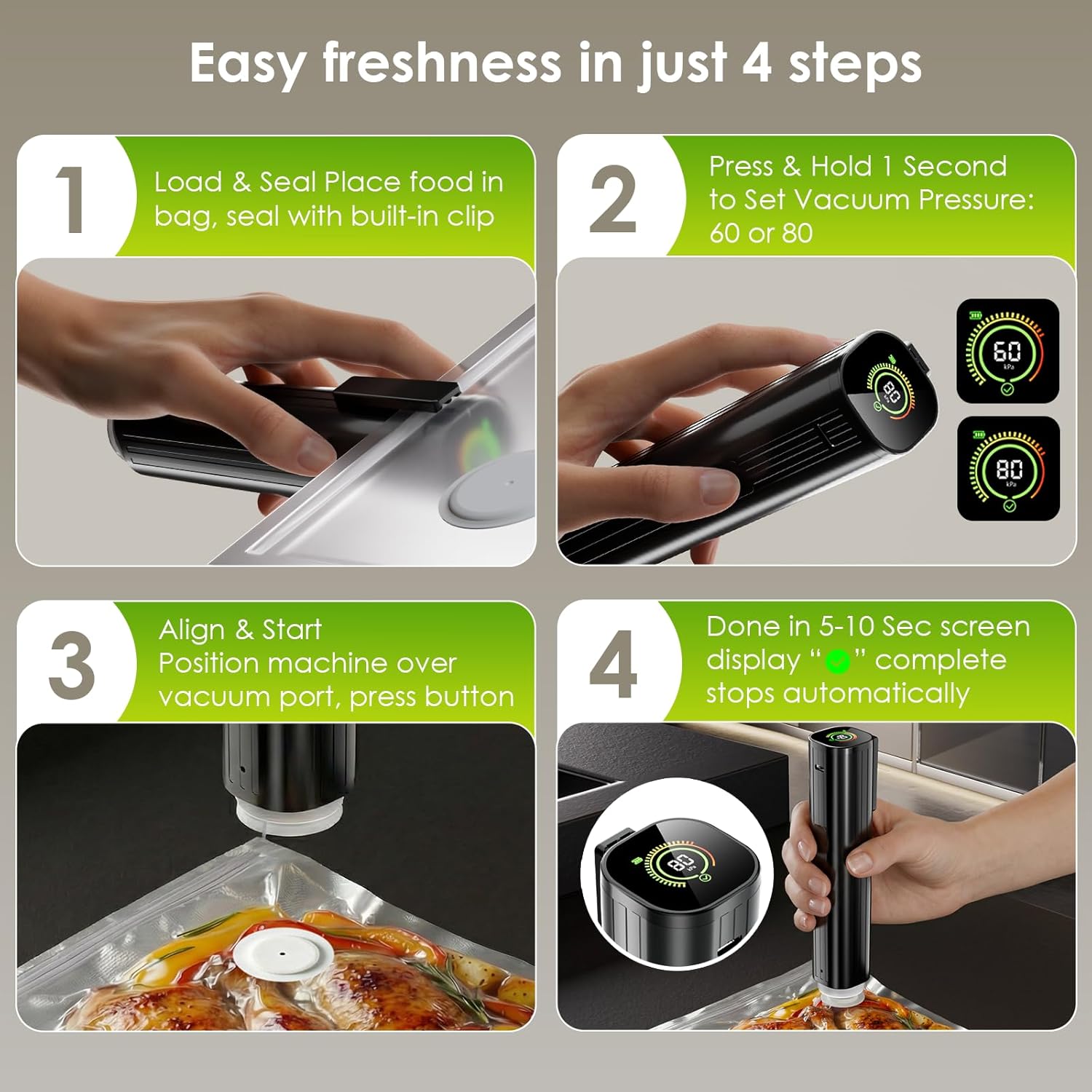 Elxis Vacuum Sealer, Portable handheld Vacuum Sealer   30 Reusable Vacuum Bags, Portable Food Sealer, With LED pressure display, 2-Speed Pressure Control (60/80 Kpa)