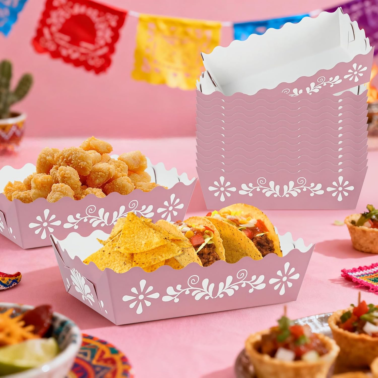 100pcs Pink Cielito Lindo Party Decoration Mexican Paper Food Boat Trays Platos De Barro Mexicanos Disposable Scalloped Mexican Snack Trays For Cinco De Mayo Valentine Wedding Baby Shower