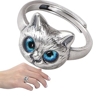 [Allystyle] 美しい猫の指輪 | ブルーアイズキャット オープンサイズリング | アイキャットリングレトロオープンリング、アニマルラッキーヴィンテージジュエリー、ラッキーキャットジュエリーギフト、レディース&ガールズ