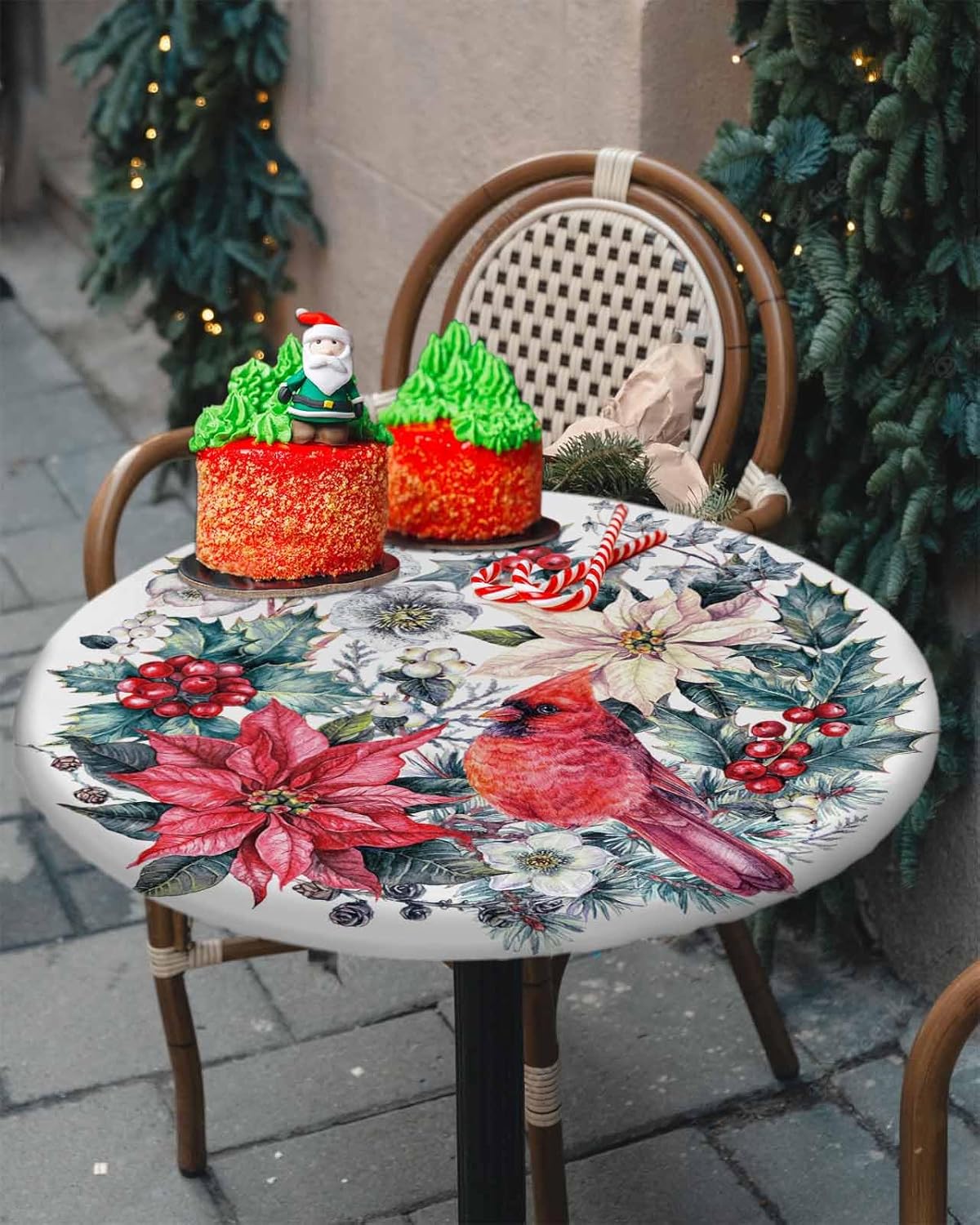 Christmas Red Cardinal Poinsettia Table Round Cover Elastic Edged Tablecloth, Winter Pine Plant Berry Indoor Outdoor Fitted Circle Tables Cover Waterproof Wipeable Tabletop Protector Cloth