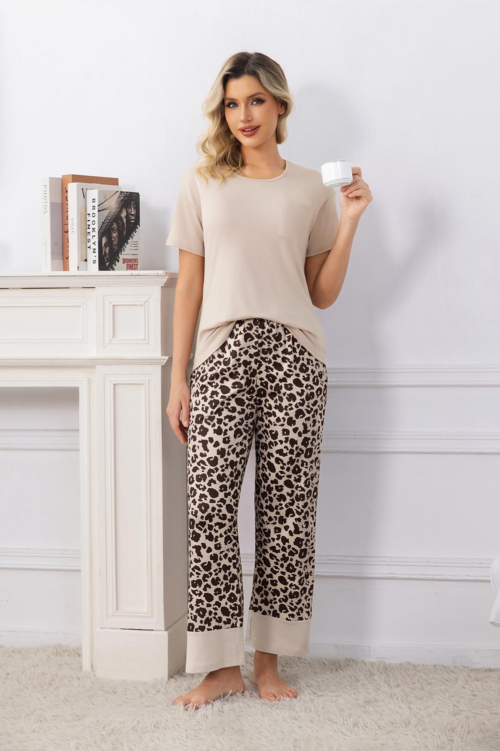 PNAEONG Womens Pajama Sets Comfy Pj Sets Short Sleeve Crew Neck Top and Printd Long Pants Loungewear Sleepwear - Image 4