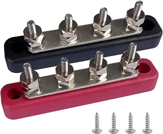 4 Terminals Bus Bar, Ampper 4.2" Power/Ground Distribution Block Brass Battery BusBar Junction for Car Vehicle Rv Truck Marine Boat Audio Amplifier and More (Red & Black)