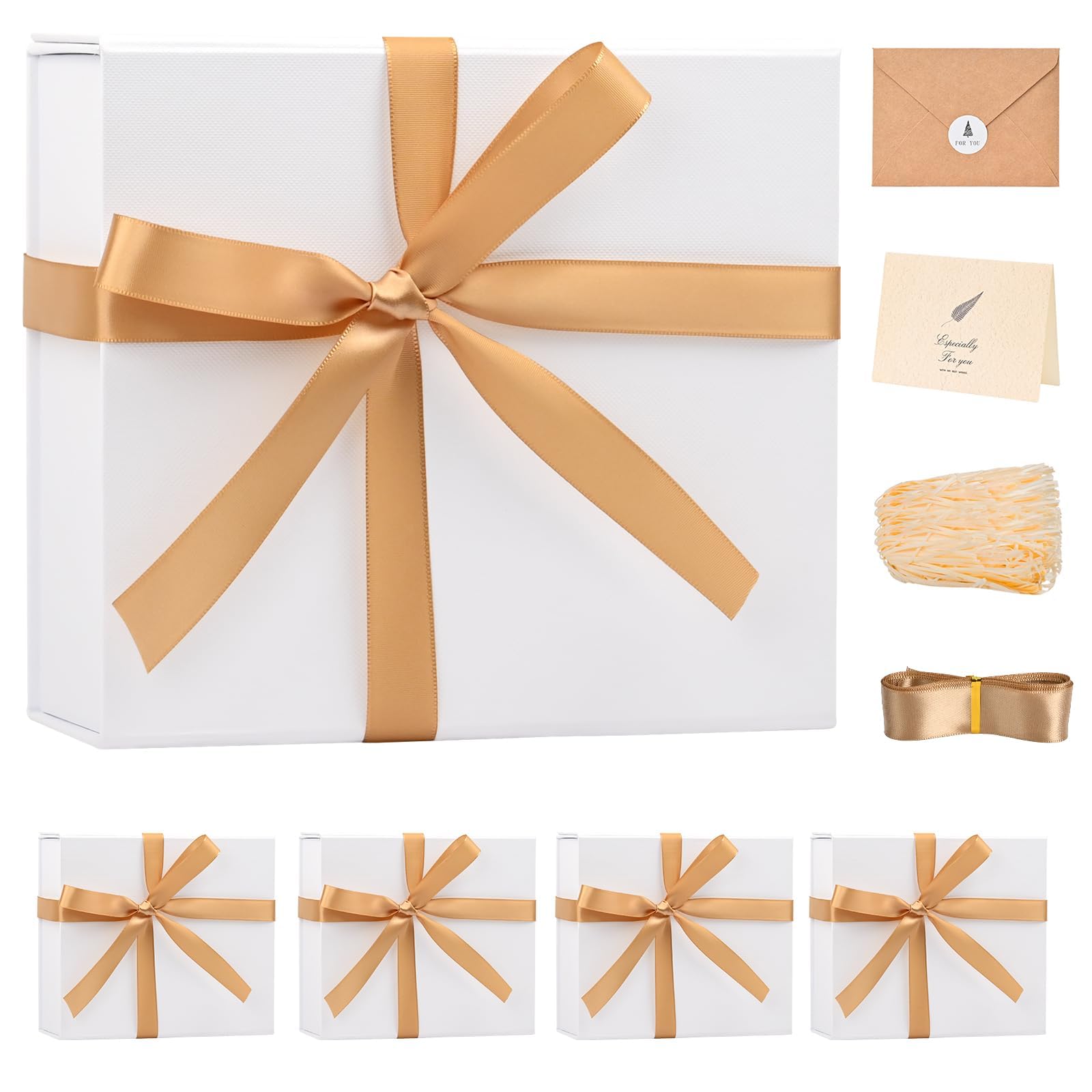 LIFELUM Small Gift Box, 8x7x3 inch White Gift Box Set of 5 with Magnetic Lid for Presents with Ribbon,Card,Shredded Paper Filler Gift for Mom, Birthdays, Christmas Presents