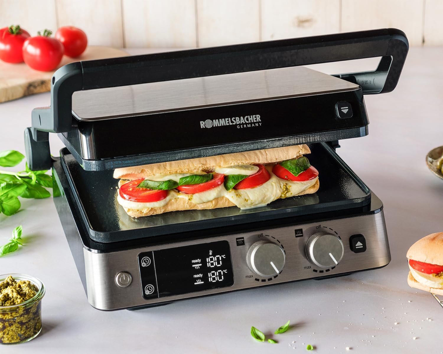 ROMMELSBACHER Kontaktgrill KG 2025, Kontakt- und Flächengrill, getrennt regelbare Grillflächen, keramische Antihaftbeschichtung (PFAS-frei), Temperaturregelung in 15 Stufen, Fettablauf, Wechselplatten