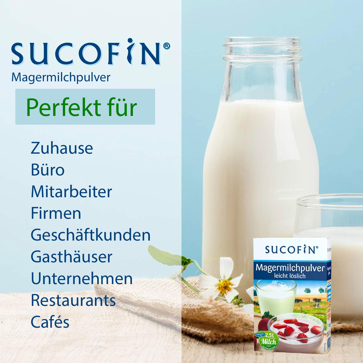 SUCOFIN Odtłuszczone mleko w proszku 27 x 250 g opakowanie ekonomiczne, łatwo rozpuszczalne, idealne jako białka do kawy i do gotowania, pieczenia, musli, deserów, idealne do restauracji, biura, domu,