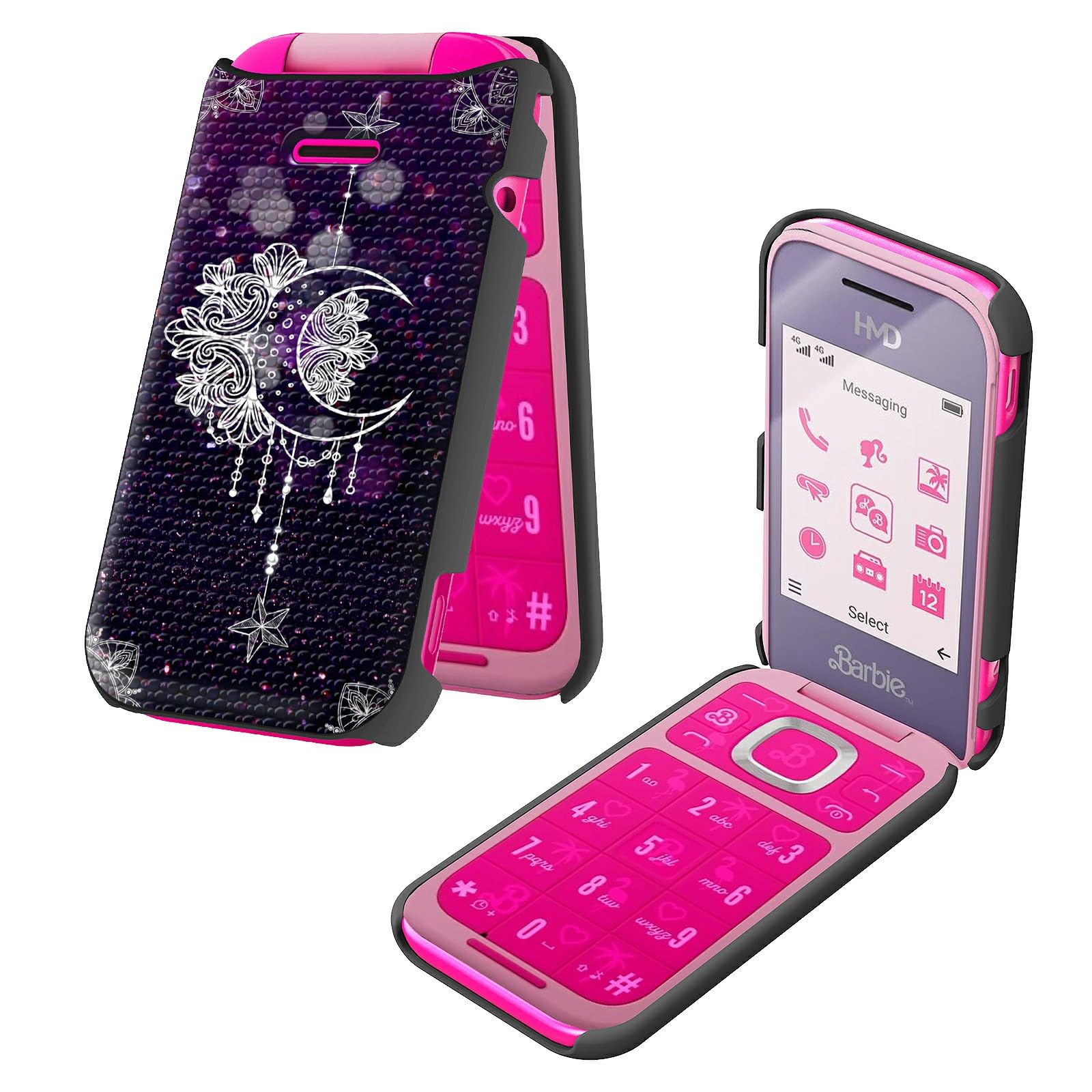 Case for HMD Barbie TA-1681 with Tempered Glass Screen Protector Moon Star Galaxy Florals Theme Hybrid Dual Layer Heavy-Duty Shockproof Protection Cover for HMD Barbie