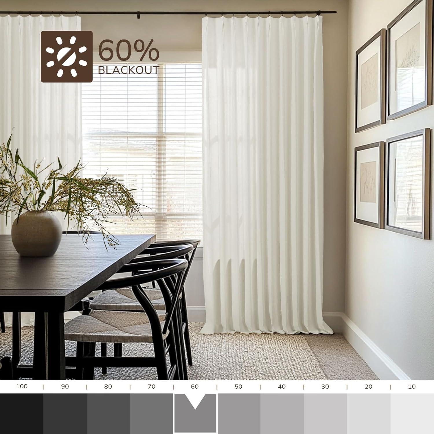 TWOPAGES Beige White Pinch Pleat Drape for Traverse Rod, Unlined Cotton Blend Room Darkening Curtain 90 Inches Long, 1 Panel