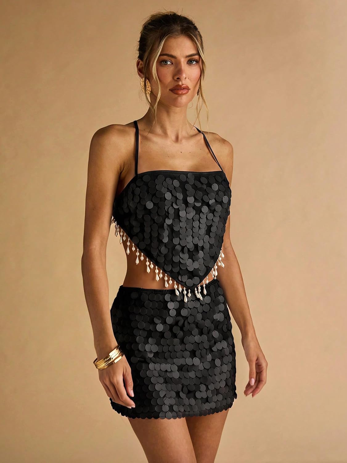 MakeMeChic Women's Sequin Beaded Fringe Halter Tops Backless Sparkly Crop