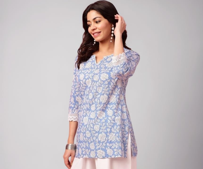 MAHIRA'S Comfort Women's Short Kurti, Rayon Tunic Top with 3/4 Embroidered Designer Sleeves | Soft Breathable Fabric | Office & Casual Kurti for Jeans, Leggings & Trousers