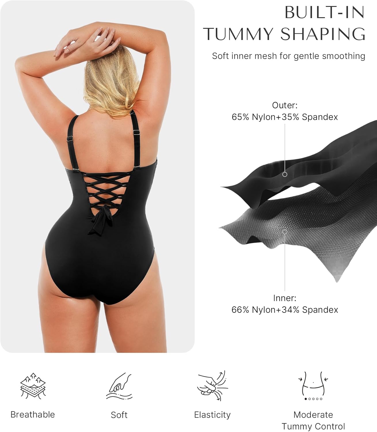 SHAPELLX Womens One Piece Swimsuit Tummy Control Ruched Slimming Swimwear Bathing Suit with Adjustable Lace-Up Back