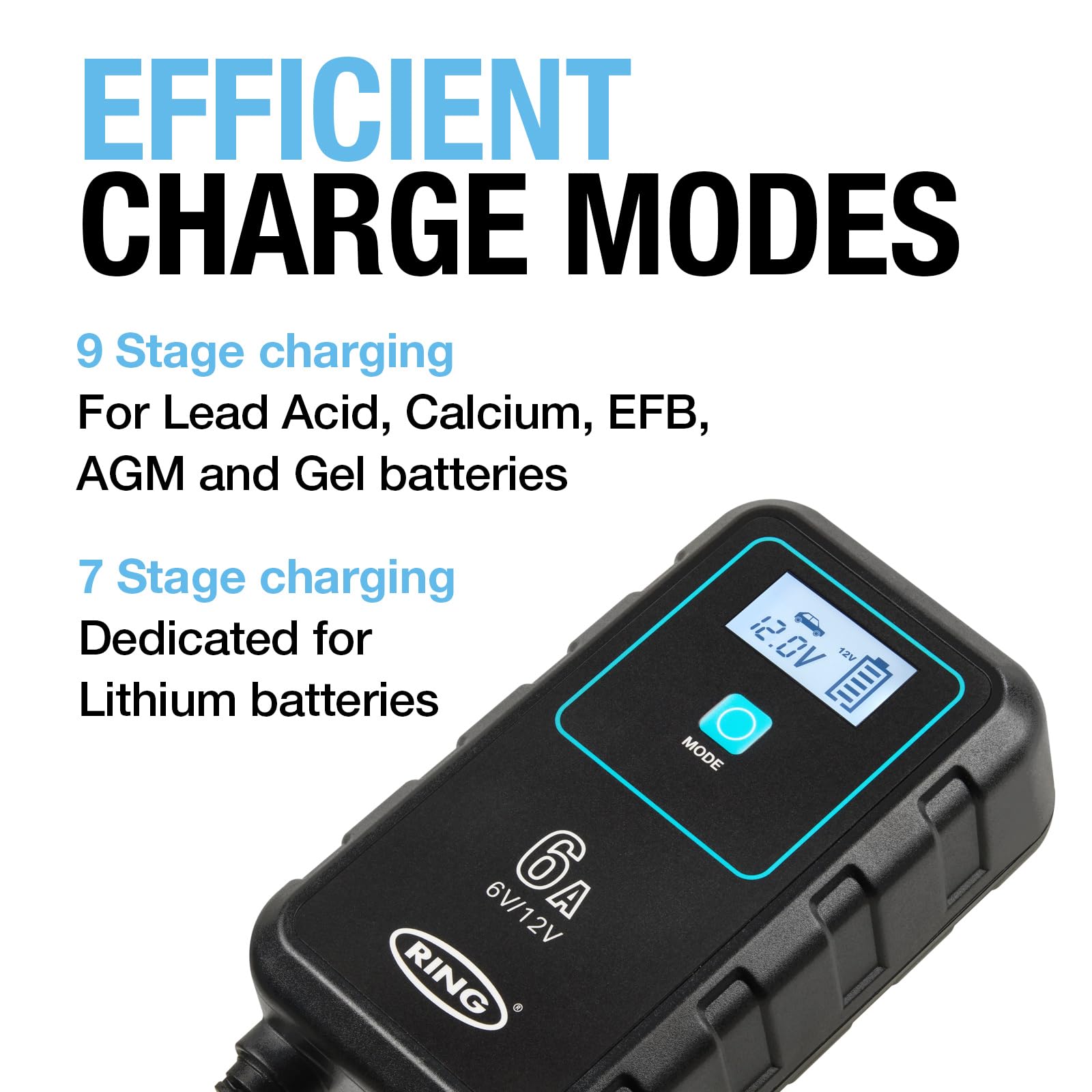 RING SMARTCHARGE - Cargador y mantenedor de Coche 6A con Clips de cocodrilo y Gancho para Colgar Integrado, Compatible con baterías de Iones de Litio, Plomo, ácido, Gel, Calcio, EFB y AGM