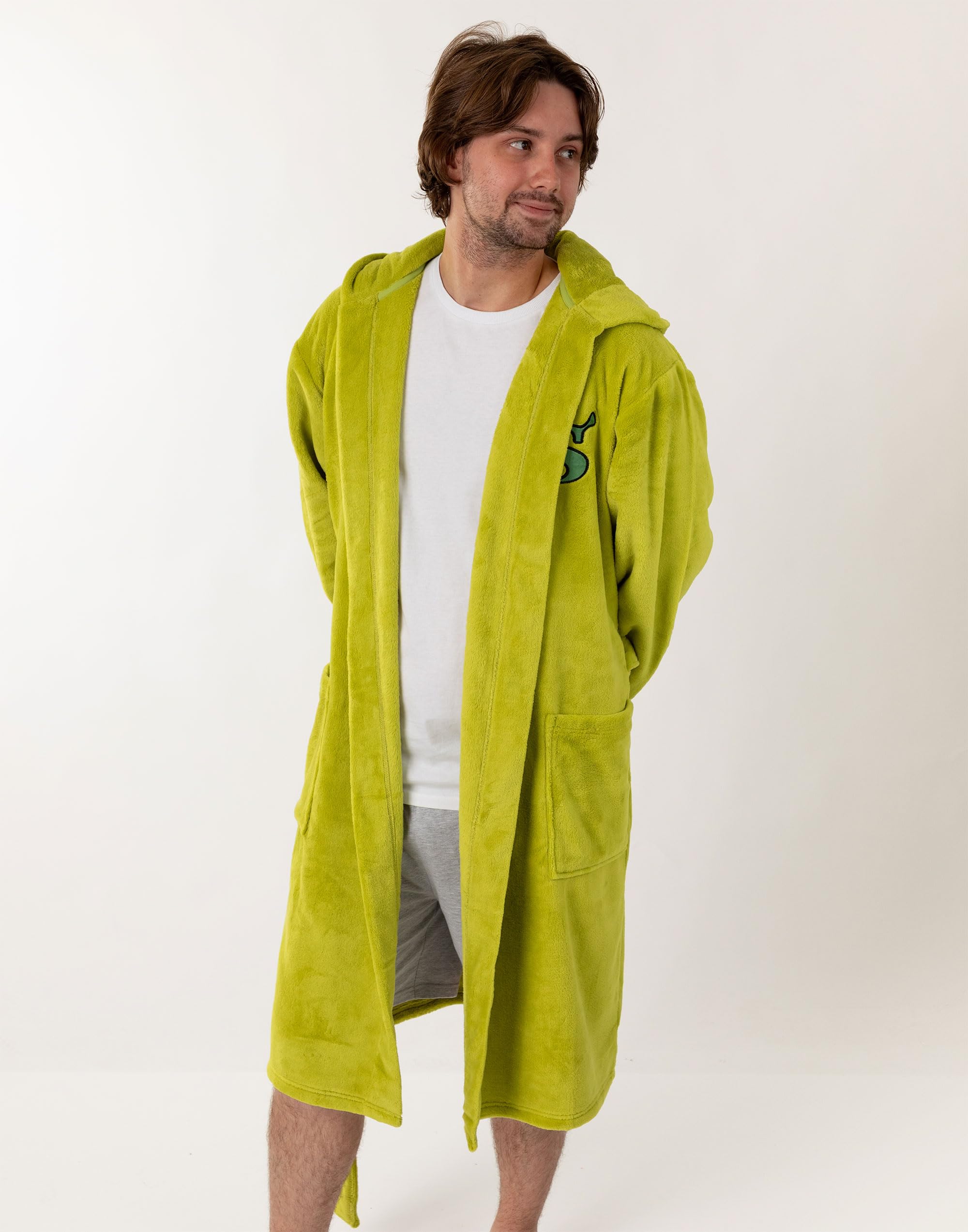 Shrek Albornoz verde con capucha | Acogedora bata de polar unisex para adultos con orejas 3D en la capucha | Diseño inicial S | Perfecta para relajarse en casa o para ver películas