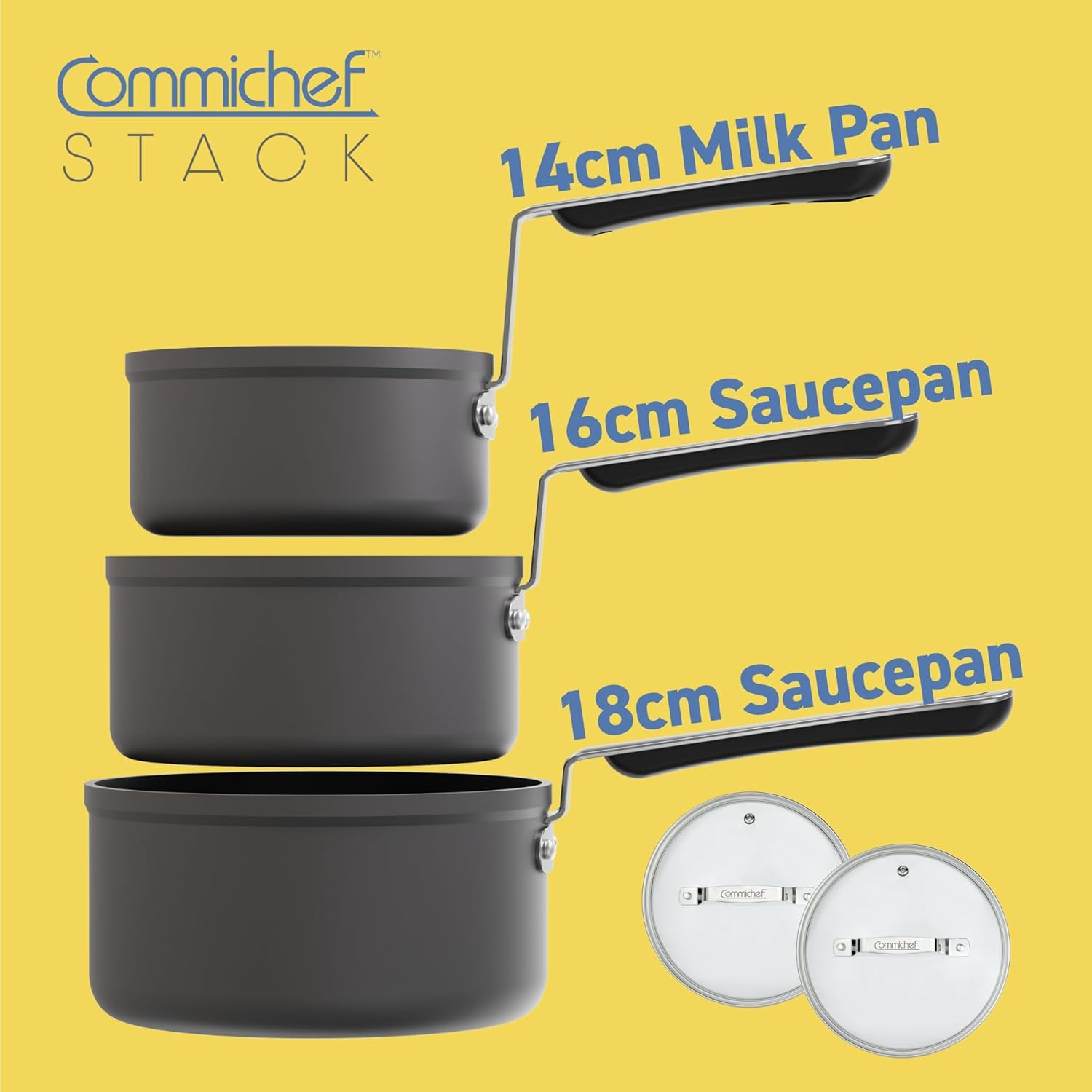 3-Piece Cookware Set, Consisting of 14 cm Milk Pan, 16 cm Saucepan with Lid and 18 cm Saucepan with Lid, Stackable, Anodised Aluminium