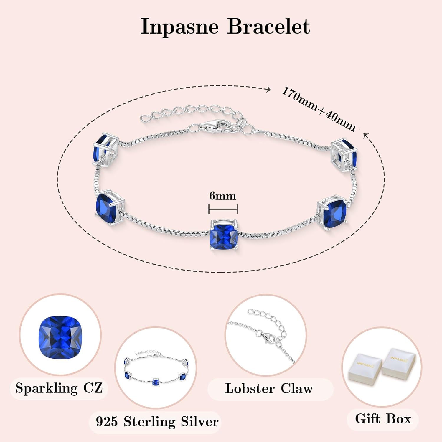 Princess Cut Jewelry Set 925 Sterling Silver Sapphire Earrings Dangle Drop Leverback September Birthstone Necklace and Bracelet Jewelry Gifts for Women - Image 6