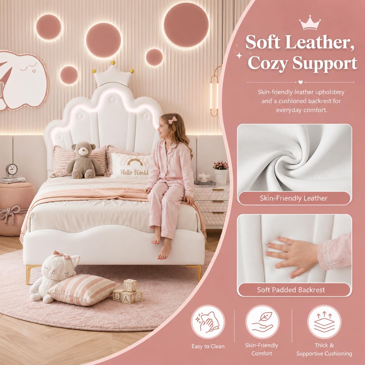 BRILVERDE Cama de Niña 90x200 con LED, Cama Princesa con cabecera coronada, Marco con somier de láminas, para niñas, para niños y adolescentes, PU (blanco, 90x200 cm)