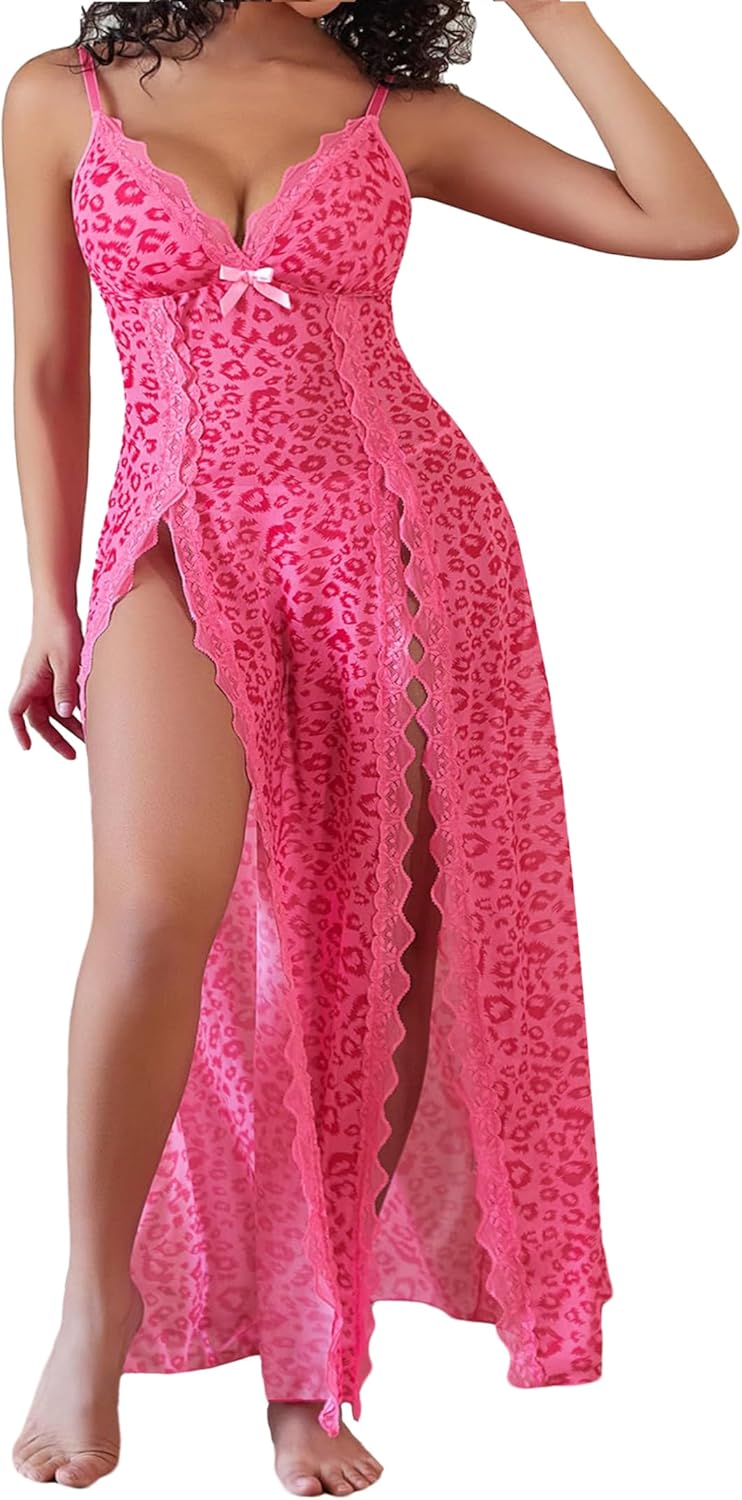 Hilinker Womens Plus Size Leopard Mesh Lingerie Dress Split Long Slip Lace Trim Chemise Nightgown