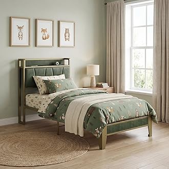 Twin XL Bed Frame, Storage Headboard with Charging Station, Solid and Stable, Noise Free, No Box Spring Needed, Easy Assembly (Dark Green)