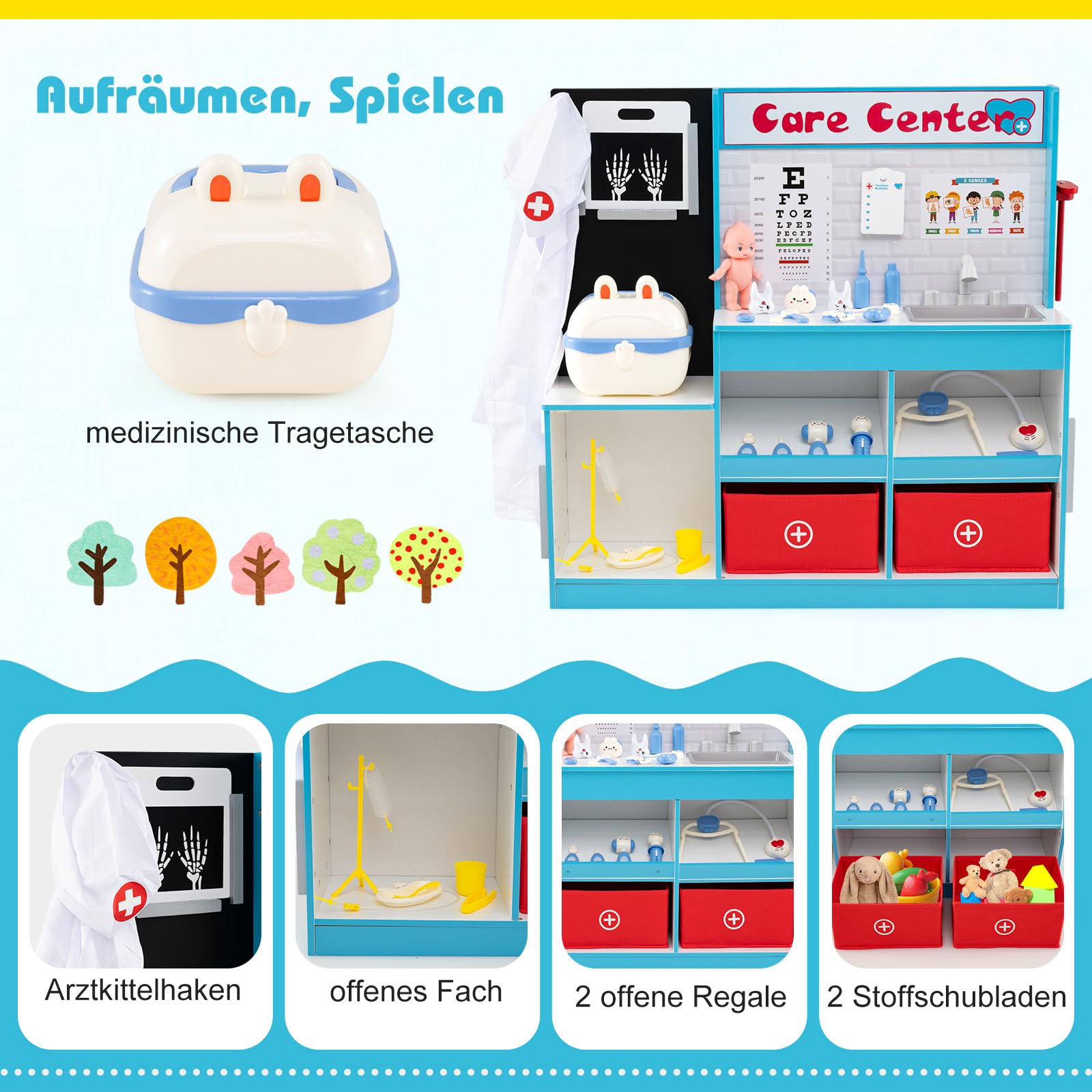 COSTWAY 29 TLG. Arzt-Set mit Arztkoffer, Doktor Spielset Holz mit Röntgenfilm, EKG-Monitor, Sehtafel, Wasserhahn, Spüle & Größenmesser, Arzt Rollenspiel für Kinder ab 3 Jahren (Blau)