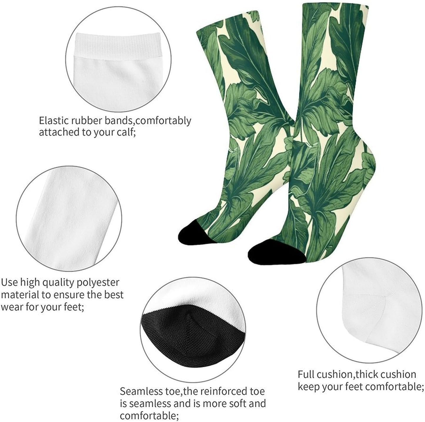 Green Foliage Botanical Crew Sock High Stocking Grippy Socks | Socks for Men & Women,Stockings-Long Thin Tube Sports, Breathable Soft Athletic for Nurses,Travel