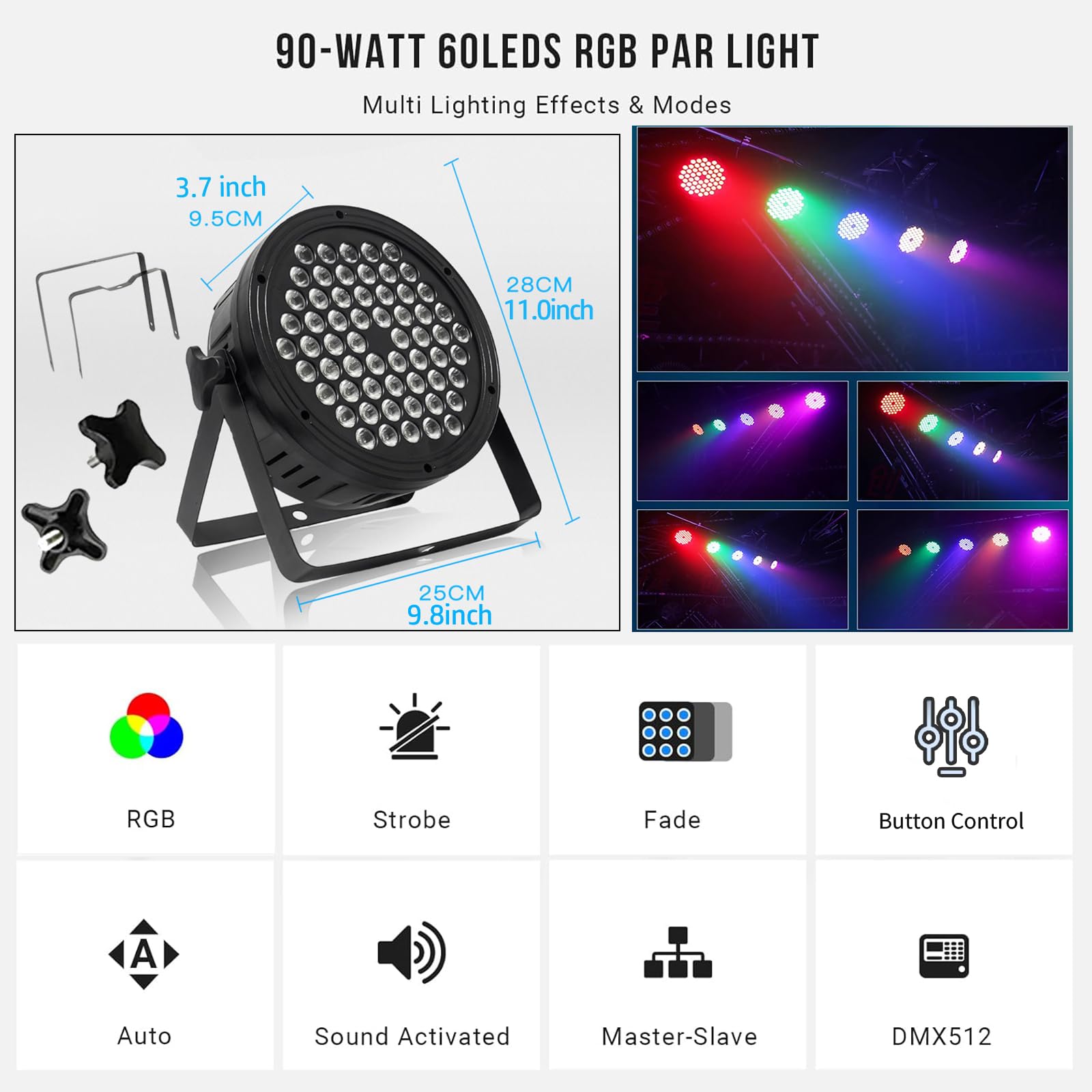 Luci da palcoscenico a 60 LED DJ Par Lights 90 W RGB che cambiano colore – Telecomando attivato dal suono e controllo DMX Uplights per eventi, chiesa, teatro, matrimoni, casa, feste, spettacoli