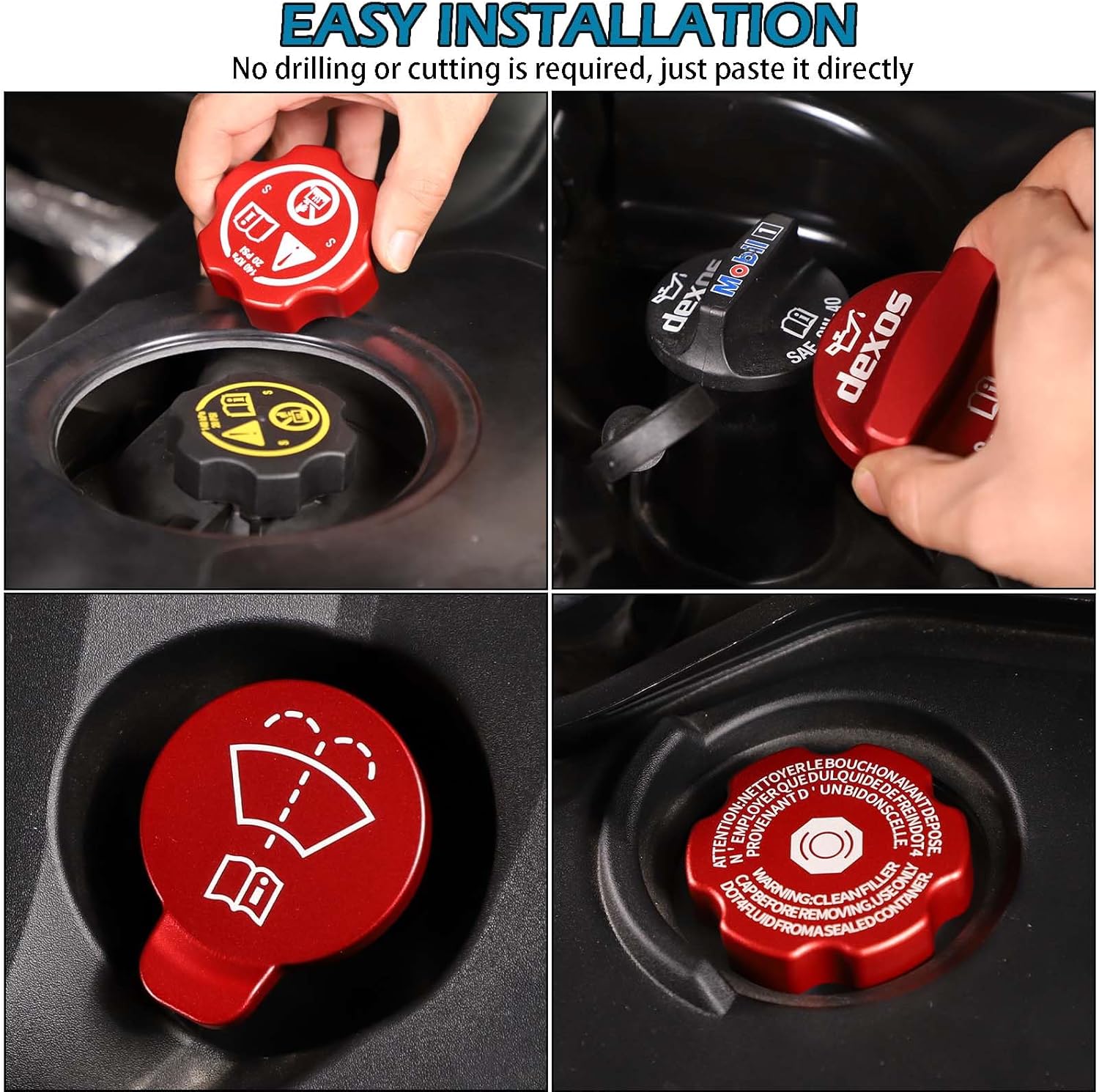 Aluminium Alloy Engine Oil Cap Radiator Cap Washer Cap Brake Fluid Cap Cover Trim Compatible with Chevrolet Corvette C8 2020-2023 2024 2025, Engine Cap Cover Set C8 Accessories 4PCS (Aluminum - Red)