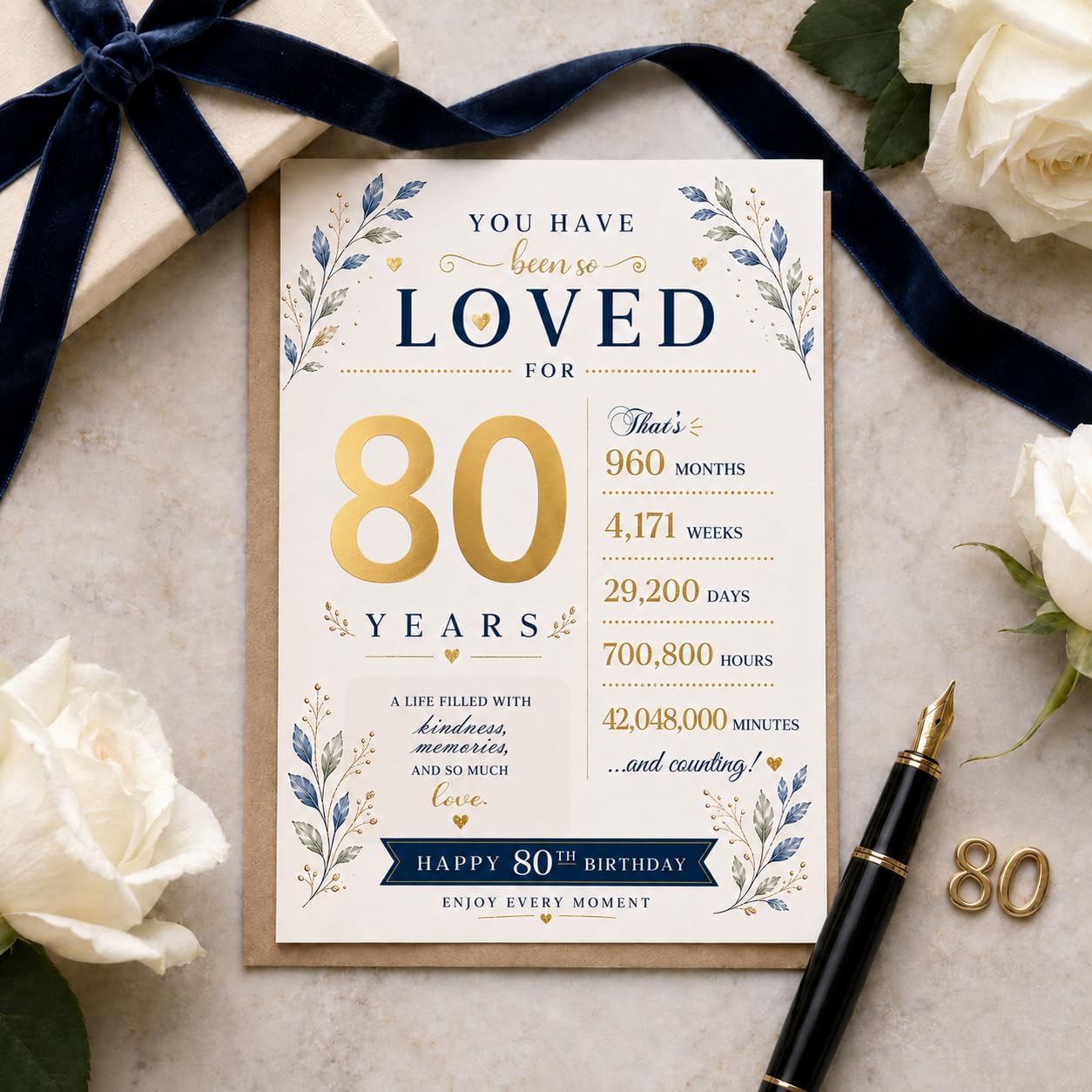 80th Birthday Card, Anniversary, Wedding Decorations, Party Supplies - Folded Card for Women, Men include Envelope, Sticker, Blank Inside (GOLD) image 5