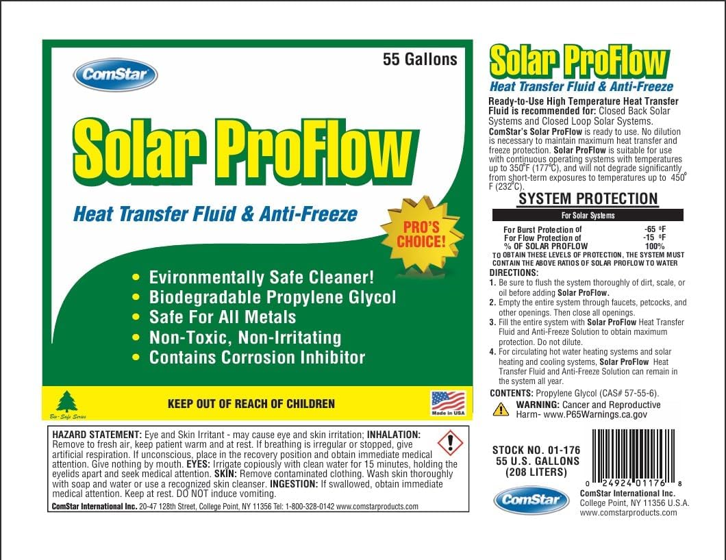 Solar ProFlow, 55 Gallons, Ready-to-Use High Temperature Heat Transfer Fluid & Anti-Freeze, Ideal for Closed Loop Solar Systems, Maximum Heat Transfer, Freeze Protection (01-176)