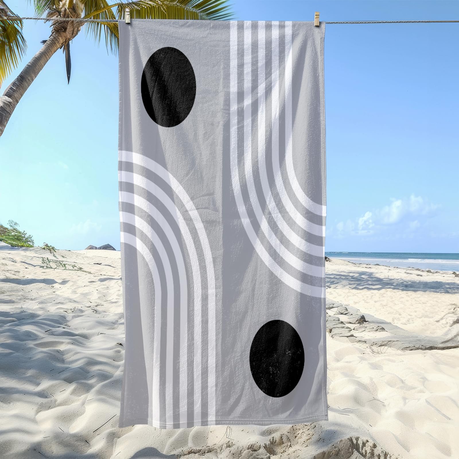 Serviette de Plage Noir Gris Blanc Drap de Plage Anti Sable Portable Serviette de Bain XXL Piscine Toilette Sport Microfibre Ultraléger Towel Absorbant Séchage Rapide 200x220cm