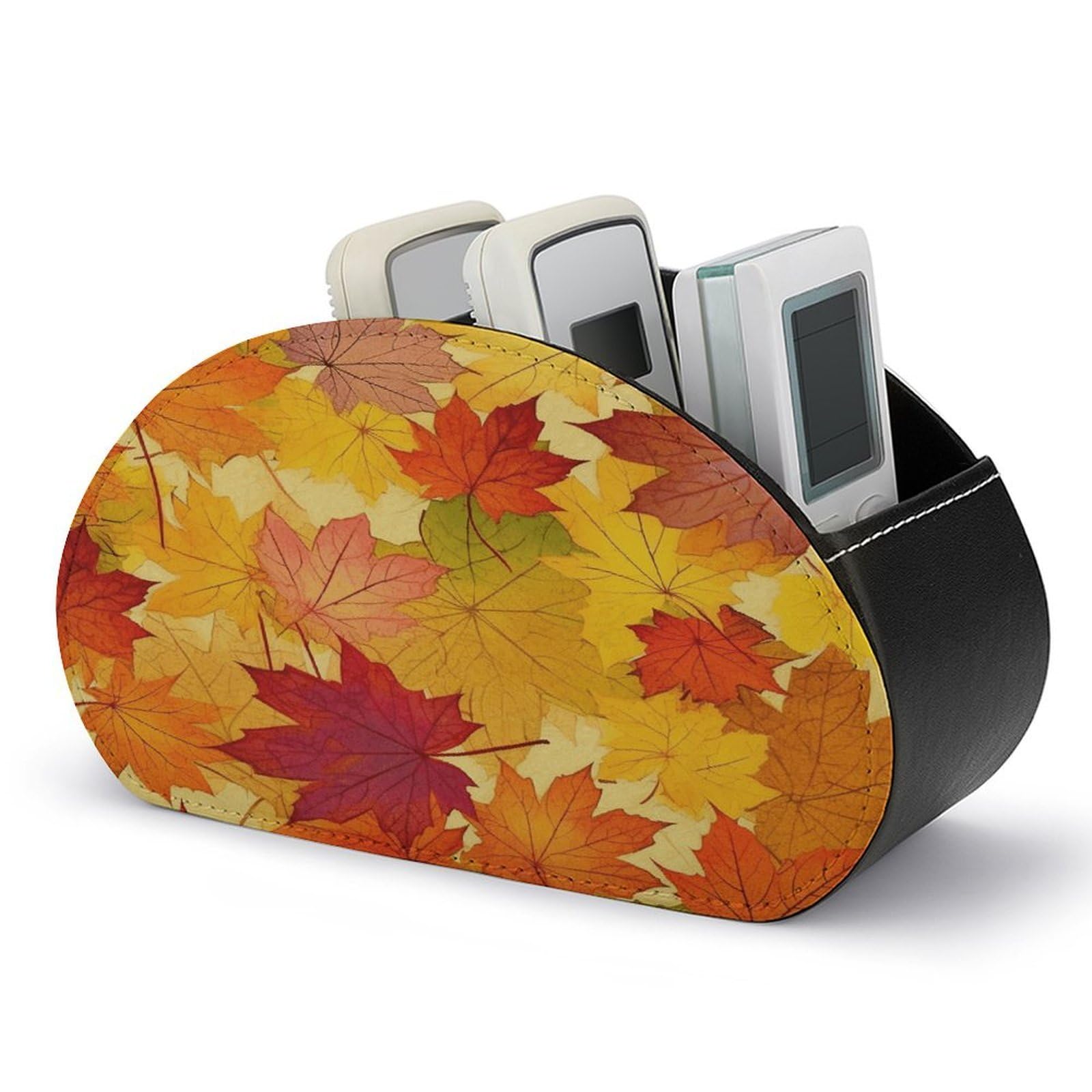 VstaDank Autumn Leaves of Maple Remote Control Holder Farmhouse TV Media Remote Storage Box with 5 Compartments PU Leather Remote Caddy Desktop Organizer for Home Bedside Table Organizer
