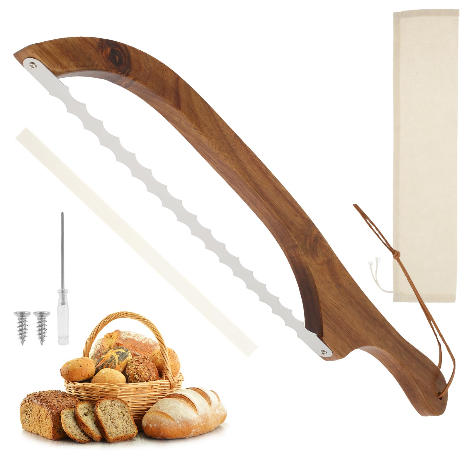 Menibbler Brown Bread Bow Knife For Sourdough, Serrated Bread Bow With Acacia Wood Handle, Sourdough Knife With Blade Guard & Replacement Blade, Left & Right Handed Bow Cutter For Homemade Loaf, Bagel, Cake, Fruit