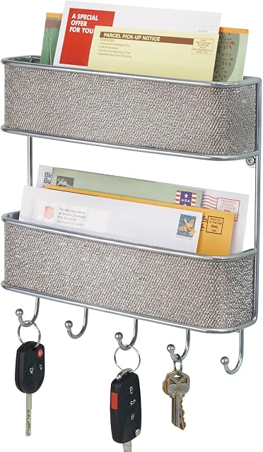 mDesign Letter Tray and Key Organiser - Wall-Mounted Key Rack and Letter Holder - Equipped with 2 Letter Holders and Multiple Key Hooks - Metallic