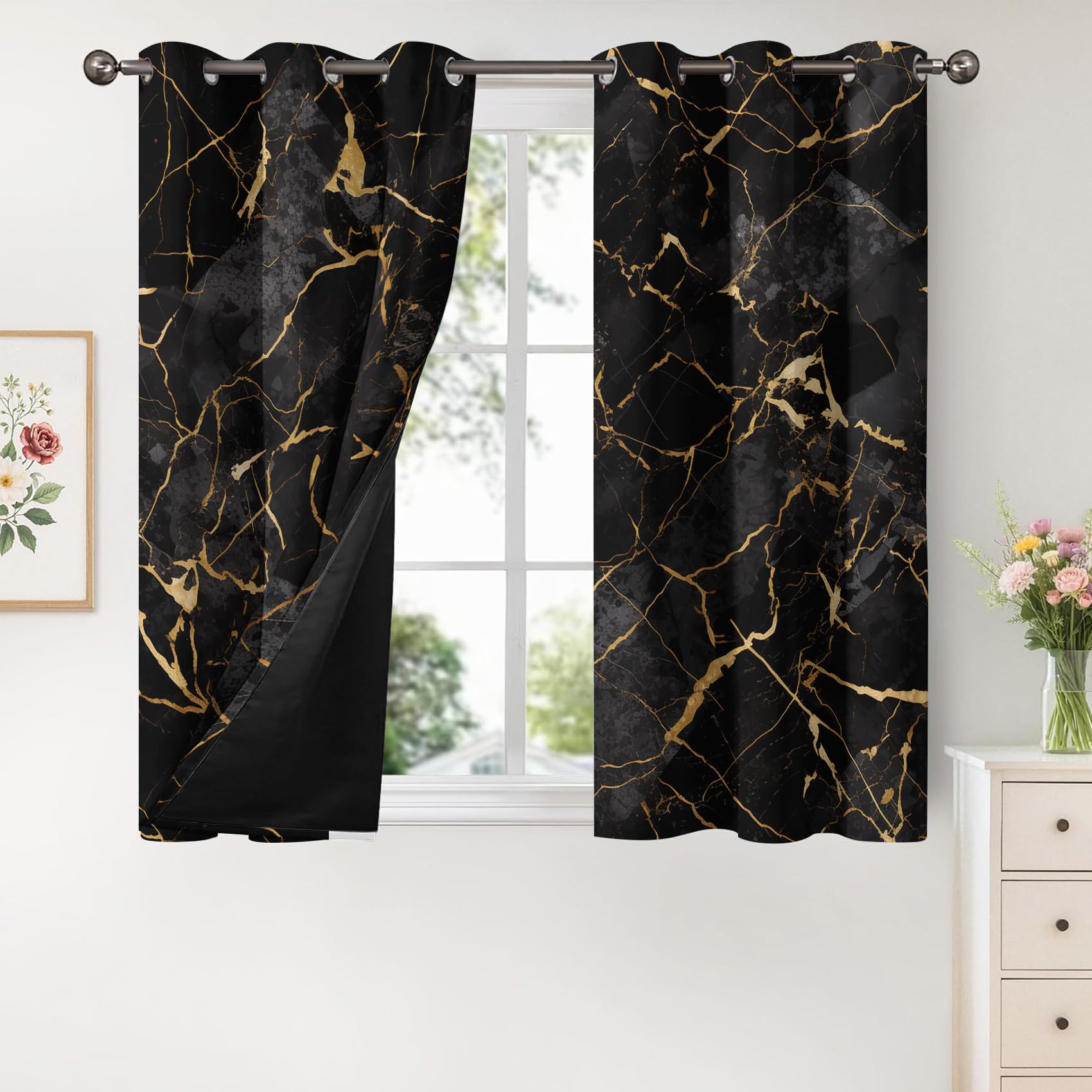 Generisch Schwarz Gold Marmor Vorhänge Blickdicht Gardinen mit Ösen, Abstrakt Modern Deko Muster Wohnzimmer Schlafzimmer Fenster Verdunklungsvorhänge, H 220 x B 140 cm 2er Set (D5-69)