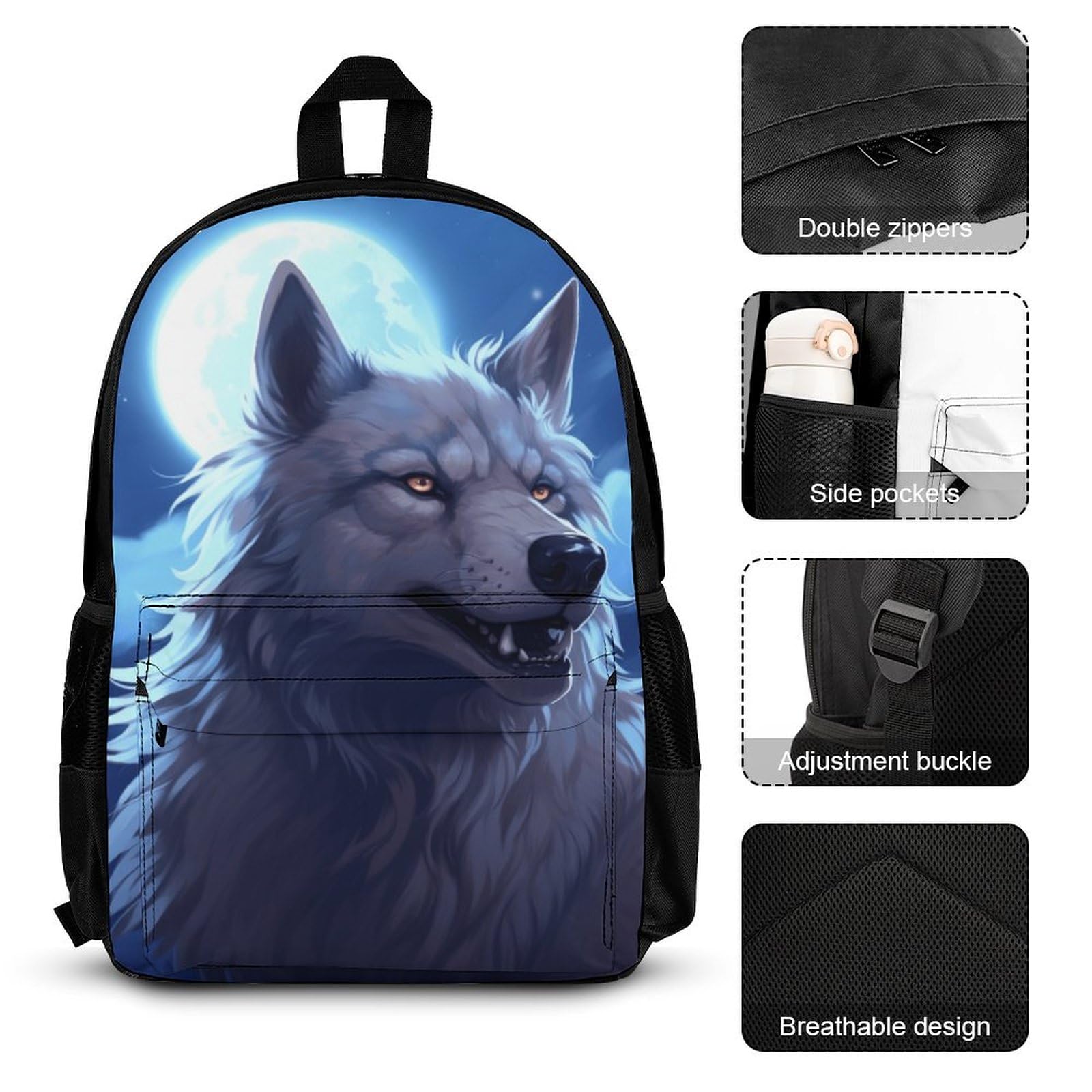 Sacs Loup Personnalisé avec Boîte à Déjeuner et Trousse à Crayons, Lot de 3 Sacs d'école Animal Wolves, Sac avec Boîte à Déjeuner