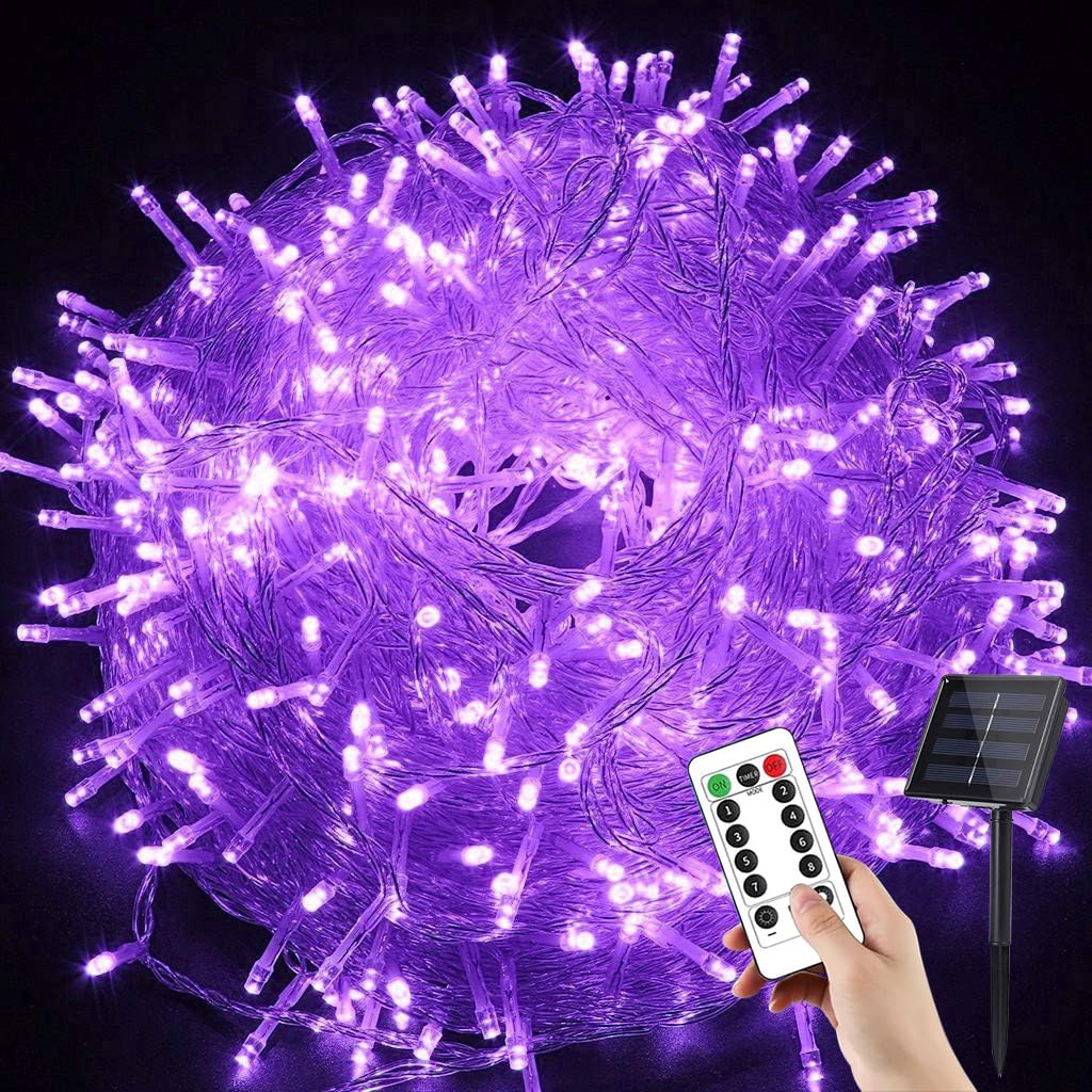 Solarne łańcuchy świetlne na zewnątrz, 22 m, 200 diod LED, zasilane energią słoneczną, 8 trybów, wodoodporne, do ogrodu, na patio, podwórko, imprezę z pilotem (fioletowe)