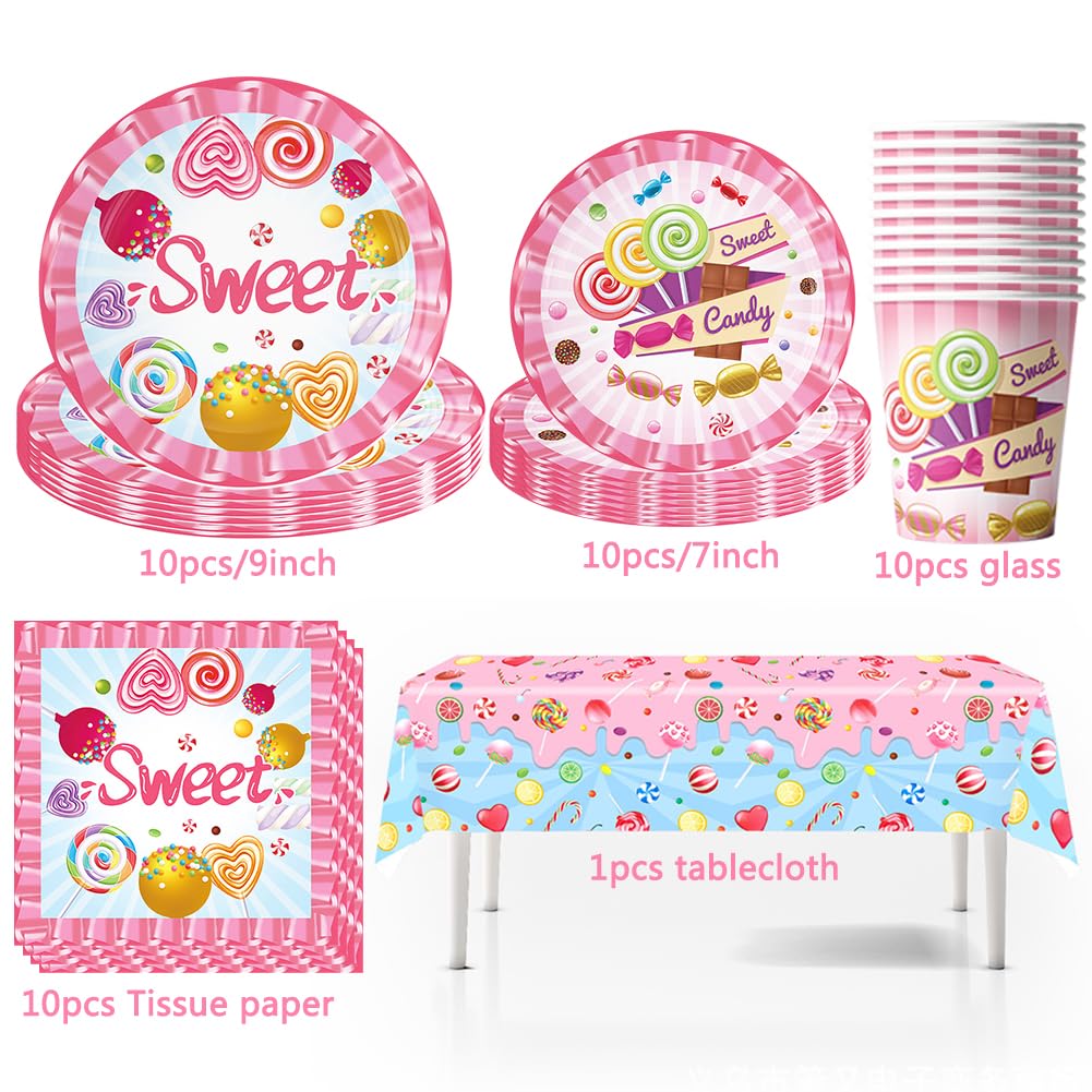 Set di Stoviglie per Feste 51 Pezzi Set di Posate per Piatti Caramelle Party Piatti Tovaglioli Tovaglia Decorazione per Feste di Compleanno per Bambini Compleanno Caramelle Decorazione a Tema