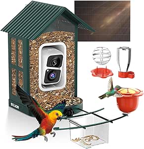 SOLIOM Solar Bird Feeder with Camera for Outdoors - Durable Metal AI Smart Birdhouse, 2K Live View & Instant Alerts, Squirrel Proof - Ideal Bird Watching Gift (Green) asin的图片