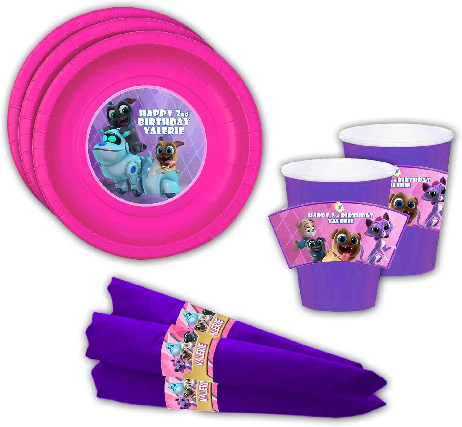Puppy Dog Pals Purple Paper Cups, 9oz - Pink Paper Plates, 6.8in - Purple Napkins with Rings - 12pack - Customized with Child's Name and Age