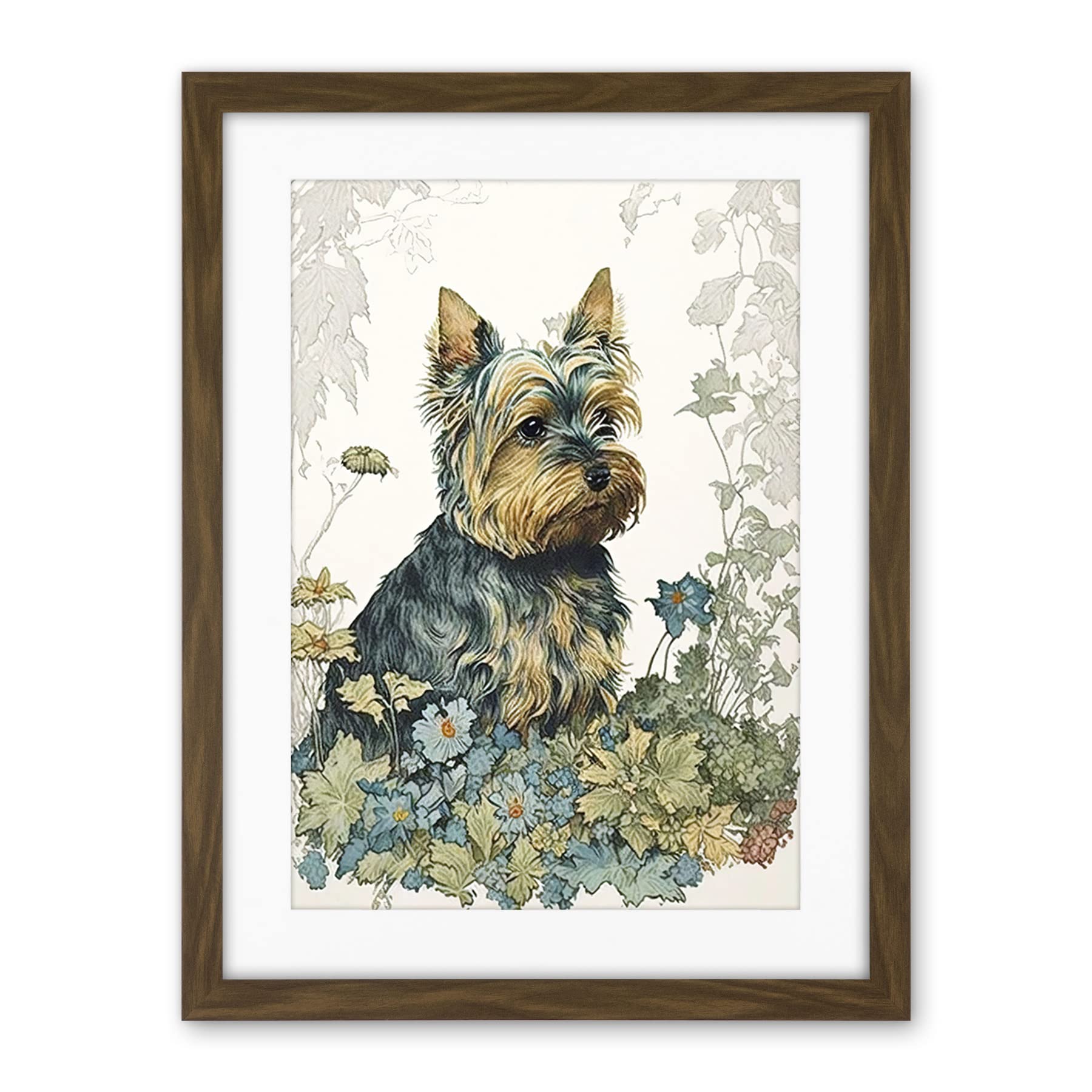 Artery8 Yorkshire Terrier Dog in Wildflowers Watercolour Illustration Artwork Framed Wall Art Print 18X24 Inch