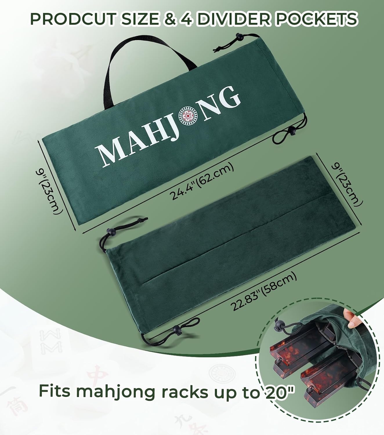 Mahjong Rack Bag Only, Soft Velvet Mahjong Racks Storage Bag, Fits up to 20 Inch Mahjong Racks with Pushers, Mahjong Gifts for Men Women, Travel Mahjong Accessories (9 x 22.5 Inch, Green) image 3