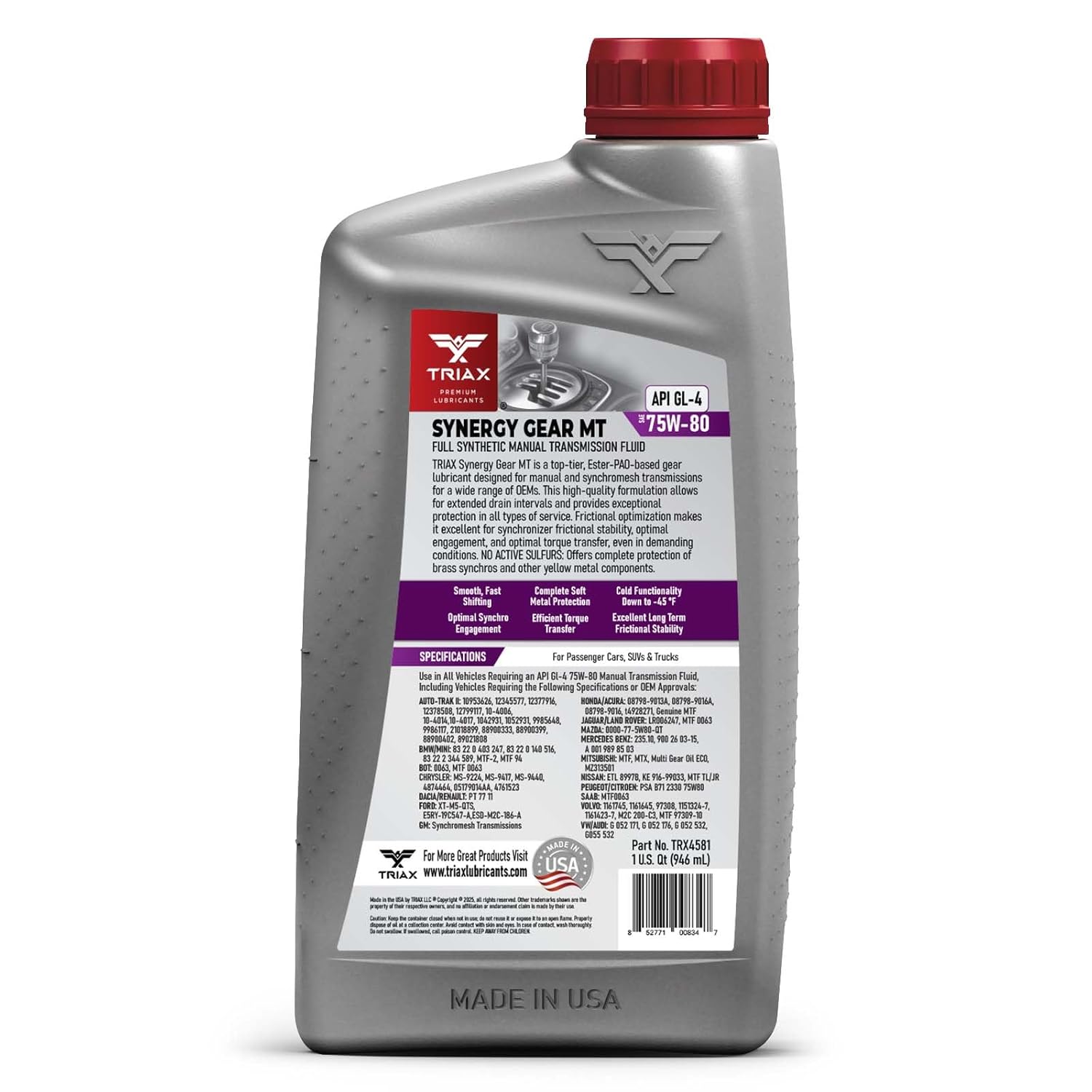 TRIAX Synergy Gear MT 75W-80 GL-4, Full Synthetic Manual Transmission and Gear Box (6 Quart Pack)