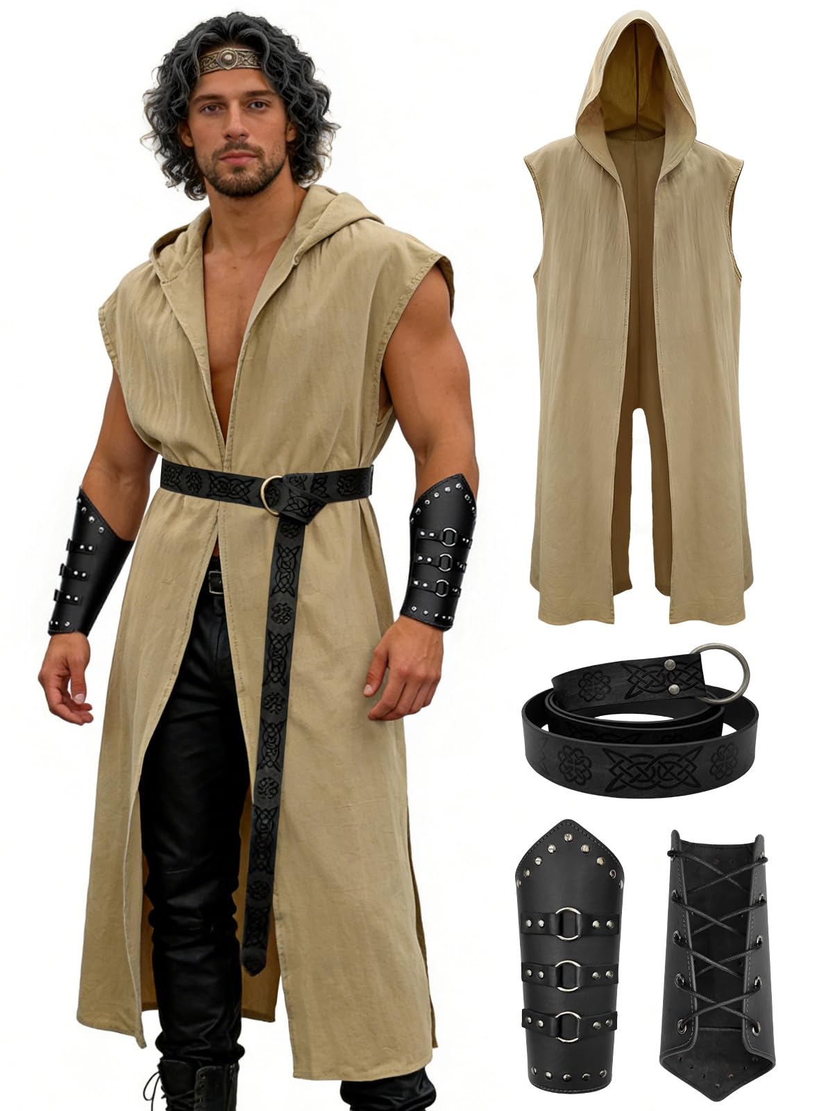 Verceco Men’s Renaissance Costume Set – Medieval/Renaissance Costume for Men with Hooded Surcoat Leather Belt & Bracers, Khaki, Medium — image 1