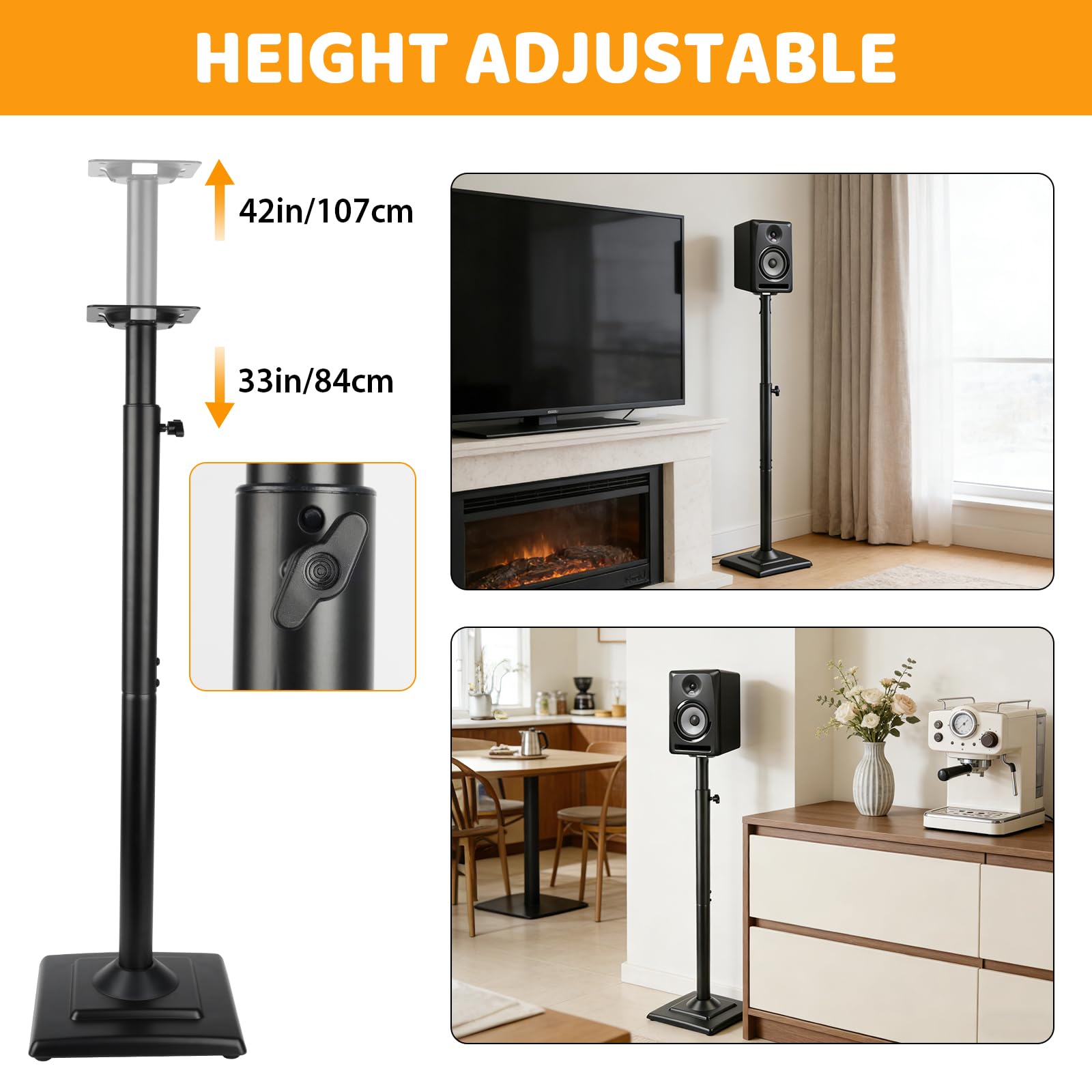 2 Pièces Support Enceinte, Pieds Universels Réglables, Noir | Hauteur Maximale 106
