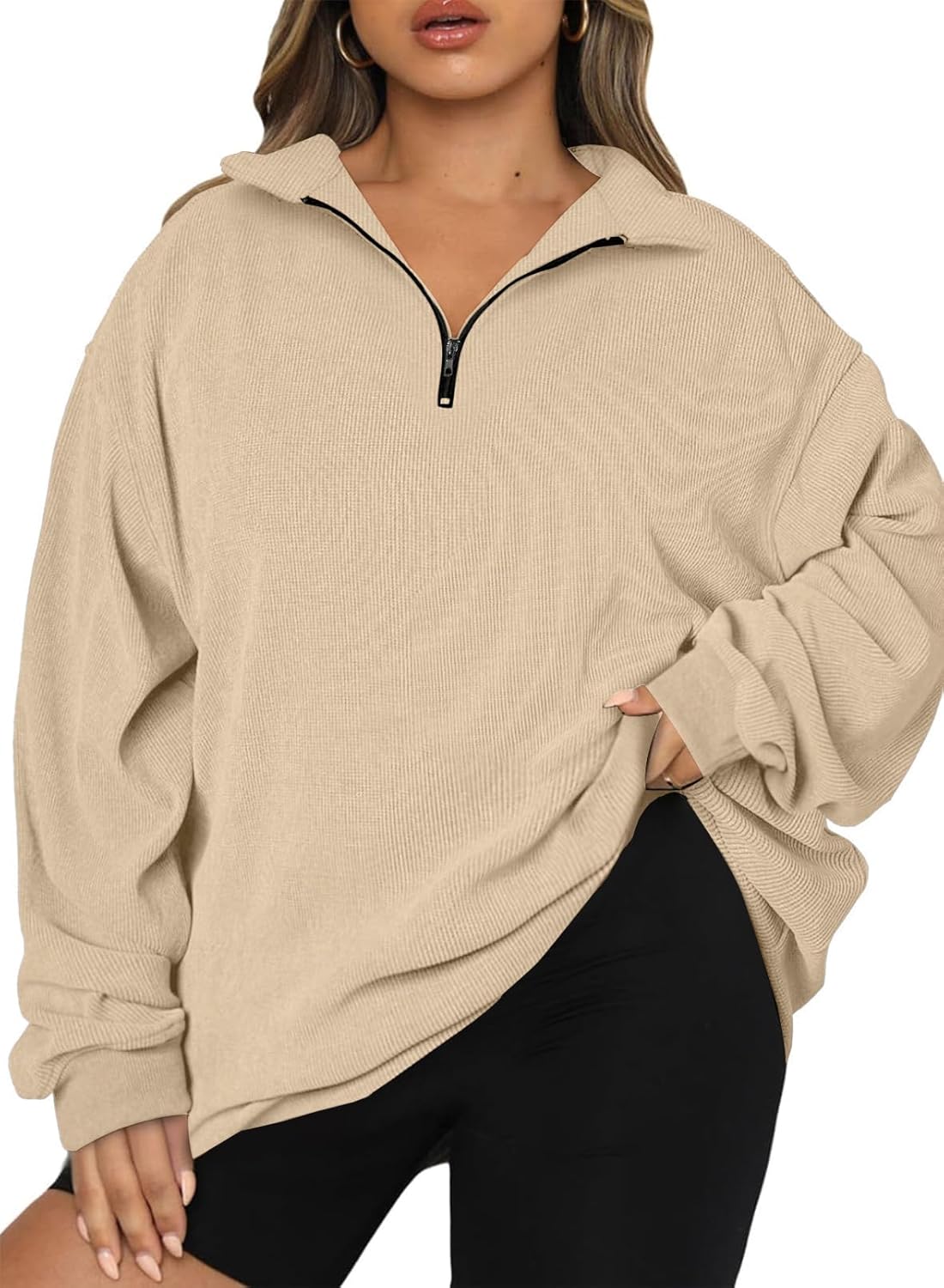 Chulianyouhuo Women Plus Size Oversized Sweatshirt Ribbed Corduroy Half Zip Pullover Tops Casual Long Sleeve Hoodies Clothes