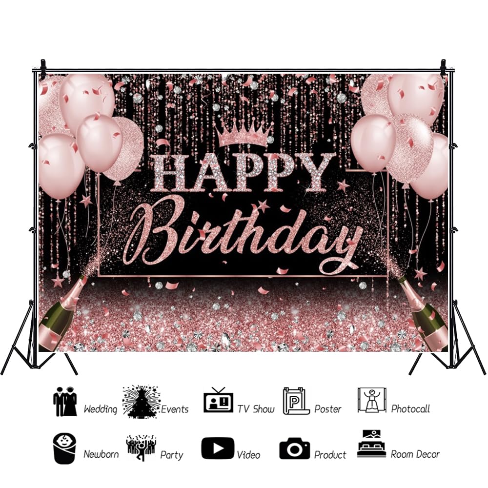 6x3m Sfondo di compleanno in paillettes glitterate per ragazze Rosa rosa Corona Palloncino Champagne Diamanti scintillanti sfondo fotografico Decorazioni per il compleanno della neonata