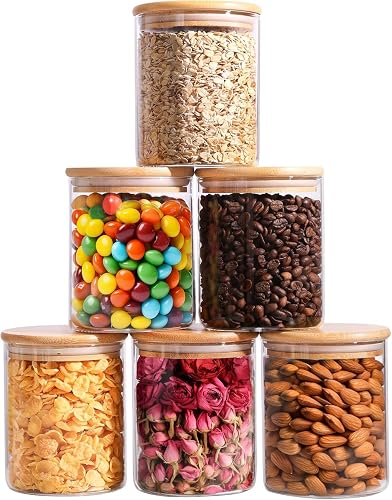 WRINGO Glass Jars with wooden lid Glass Jar set food storage containers Borosilicate Glass Jar Set/Suit for Sugar, Salt, Coffee, Tea, and Other Dry Food Storage (GP10-350ML, 6-pc)