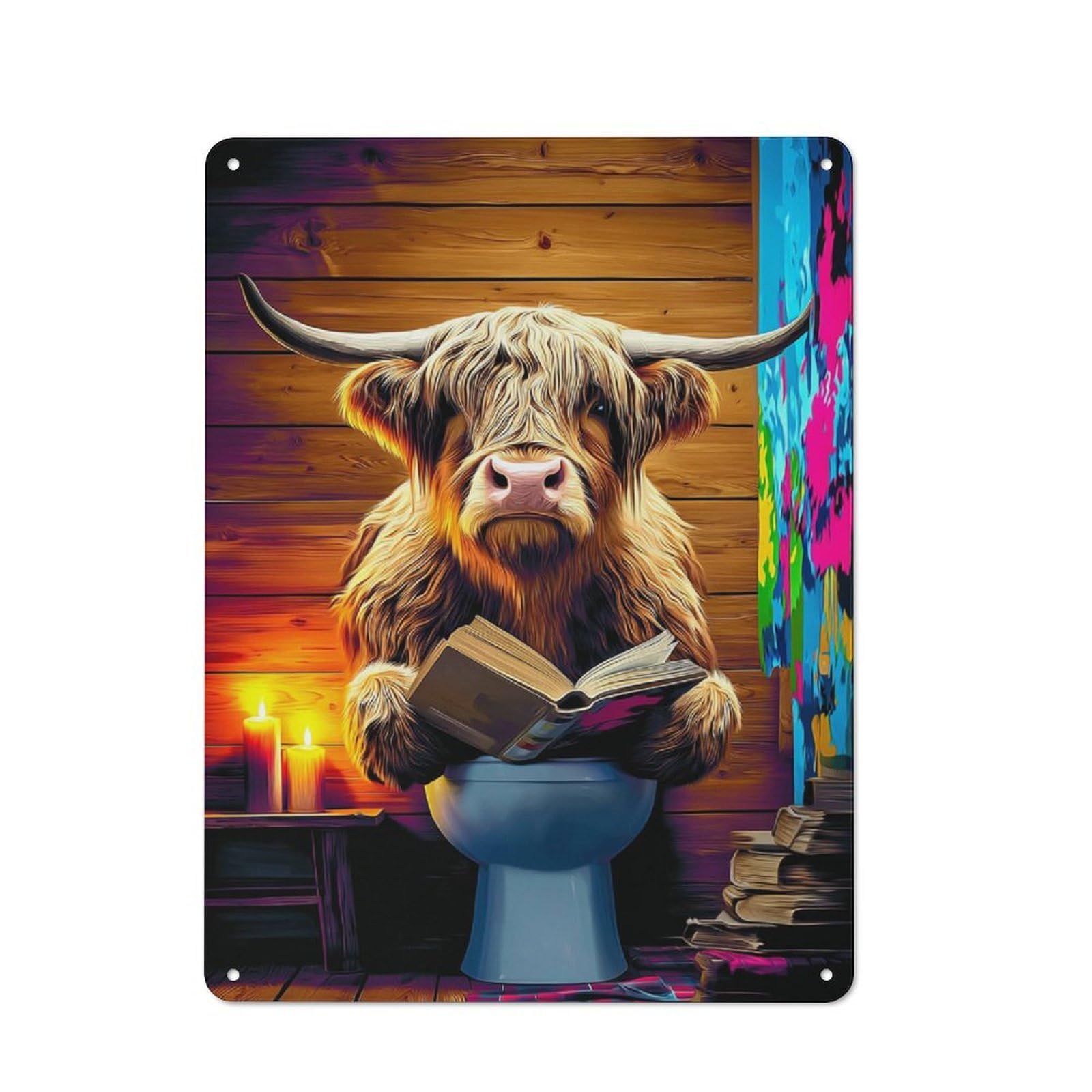 Junmoney Highland Cow Reading On The Toilet -1 Tin Sign 40X30cm With For Living Room Wall, Rustic Decor, For Living Room Decor Lovers