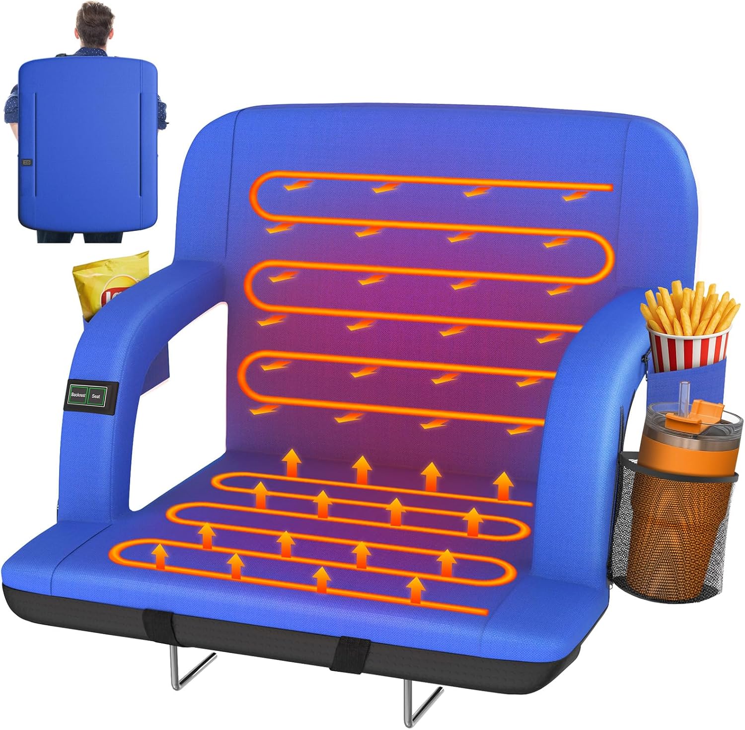 HOPERAN Dual-Sided Heated Stadium Seats for Bleachers with Back Support, 3 Levels Heating Stadium Seating for Bleachers Seat with Backrest, 5 Pockets Portable Stadium Chair for Outdoor Blue 25"