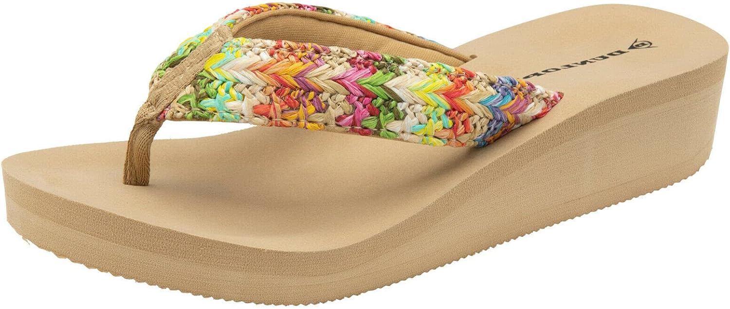 Dunlop Ladies Brown Beige Summer Sandals Flip Flops Casual New Wedge Toe Post
