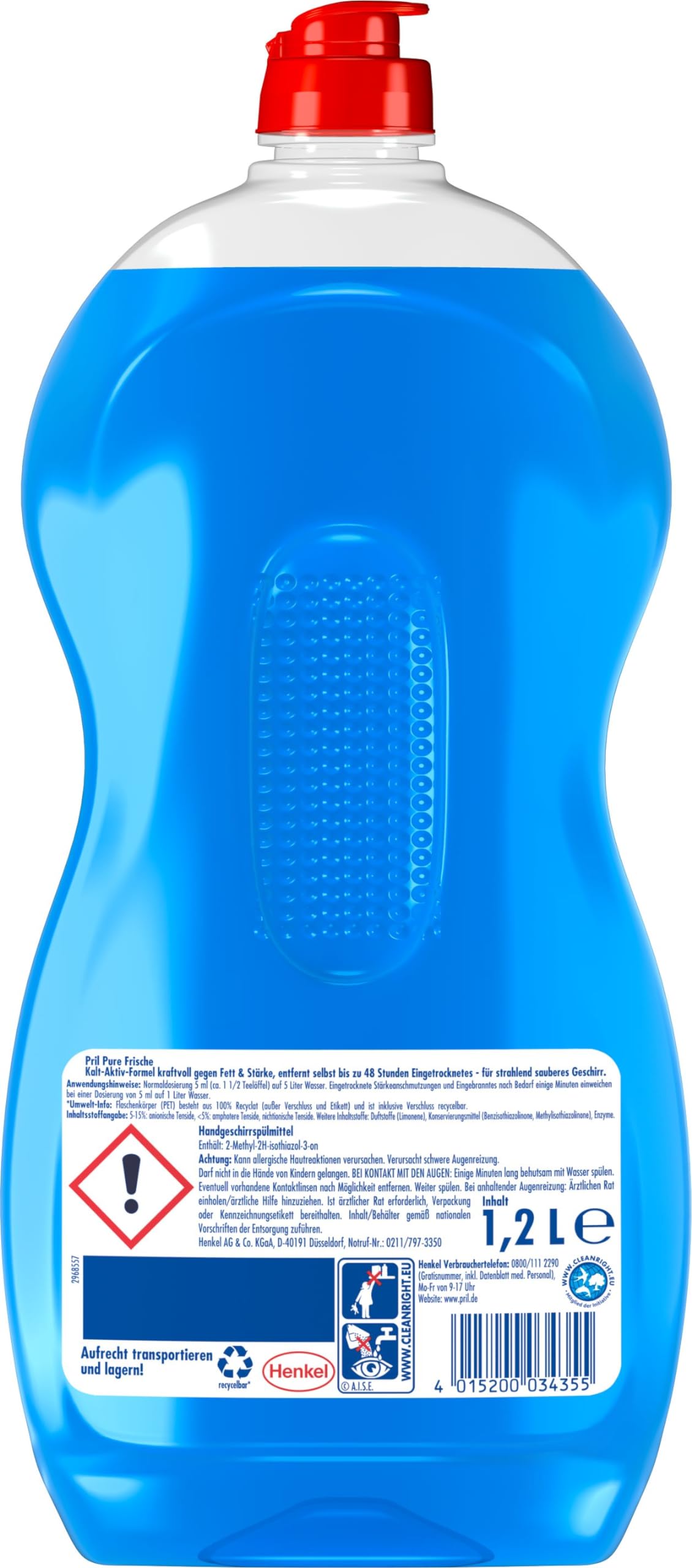 Pril Original Pure Frische 12x 1,2 l, Handgeschirrspülmittel mit höchster Fettlösekraft, für sauberes Geschirr auch in kaltem Wasser, frischer Duft